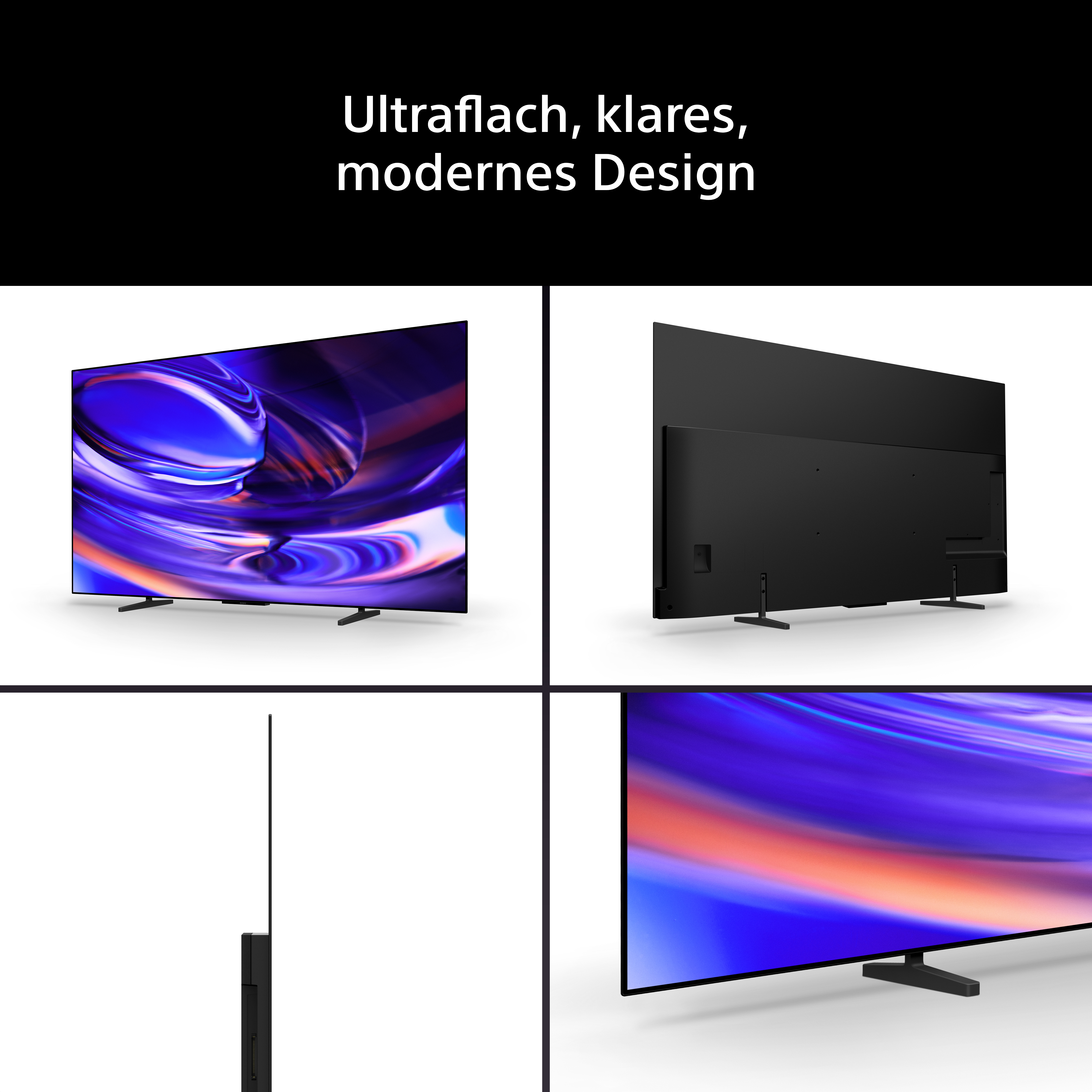 Vier Ansichten eines ultraflachen Fernsehers mit modernem Design, farbigem Display und schwarzer Rückseite.