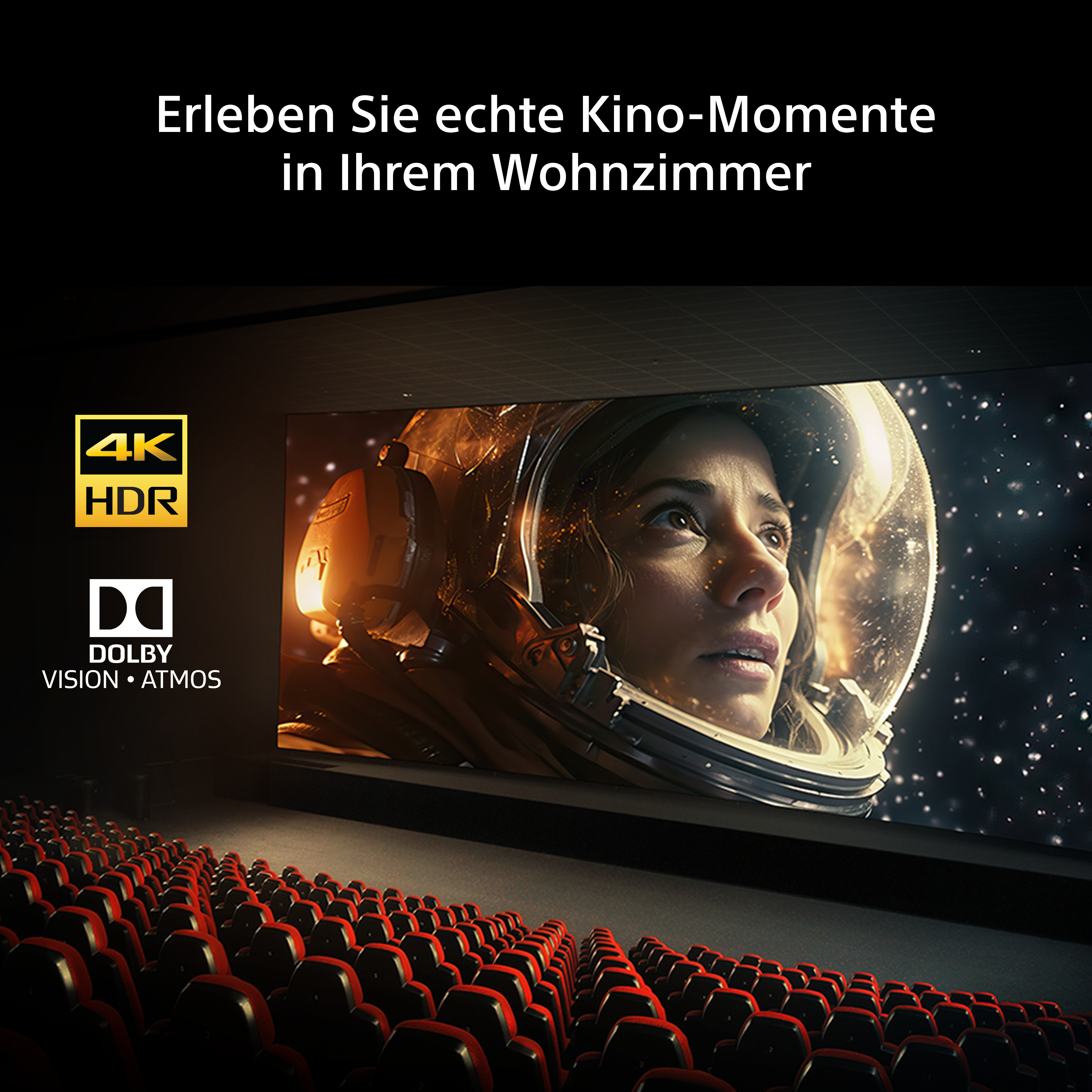 Ein großes Display zeigt eine Astronautin, umgeben von roten Kinositzen und 4K HDR Logos.