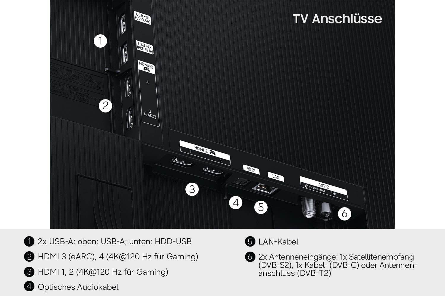 Rückseite eines Fernsehers mit beschrifteten Anschlüssen für USB, HDMI, LAN und Antenne.