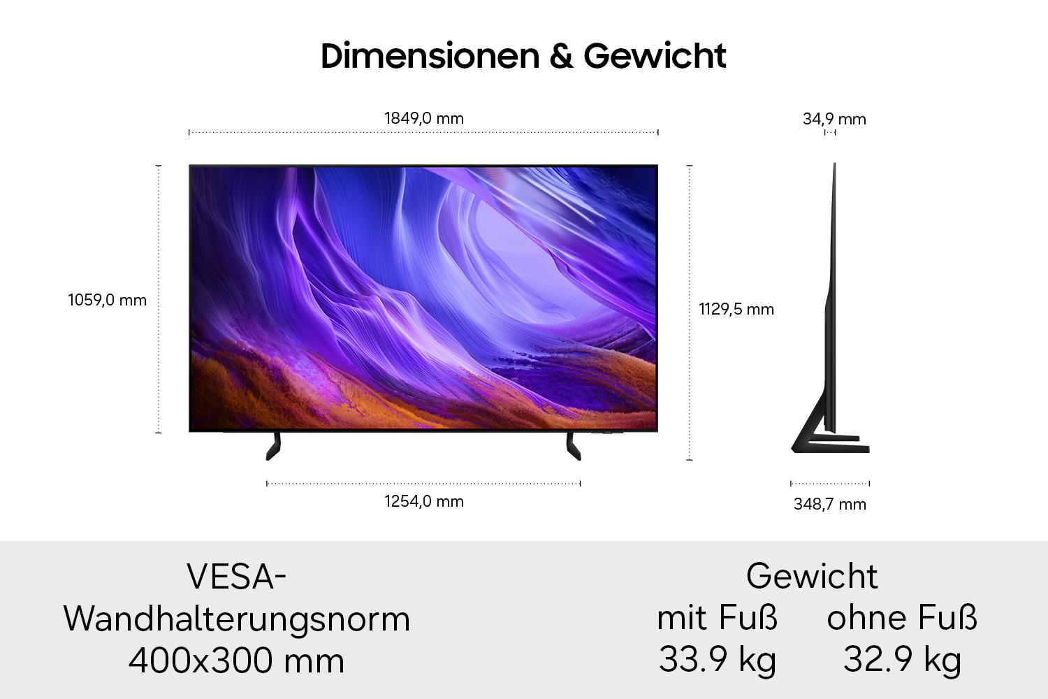 Diagramm zeigt die Abmessungen, das Gewicht und die VESA-Wandhalterungsnorm eines großen Fernsehers.
