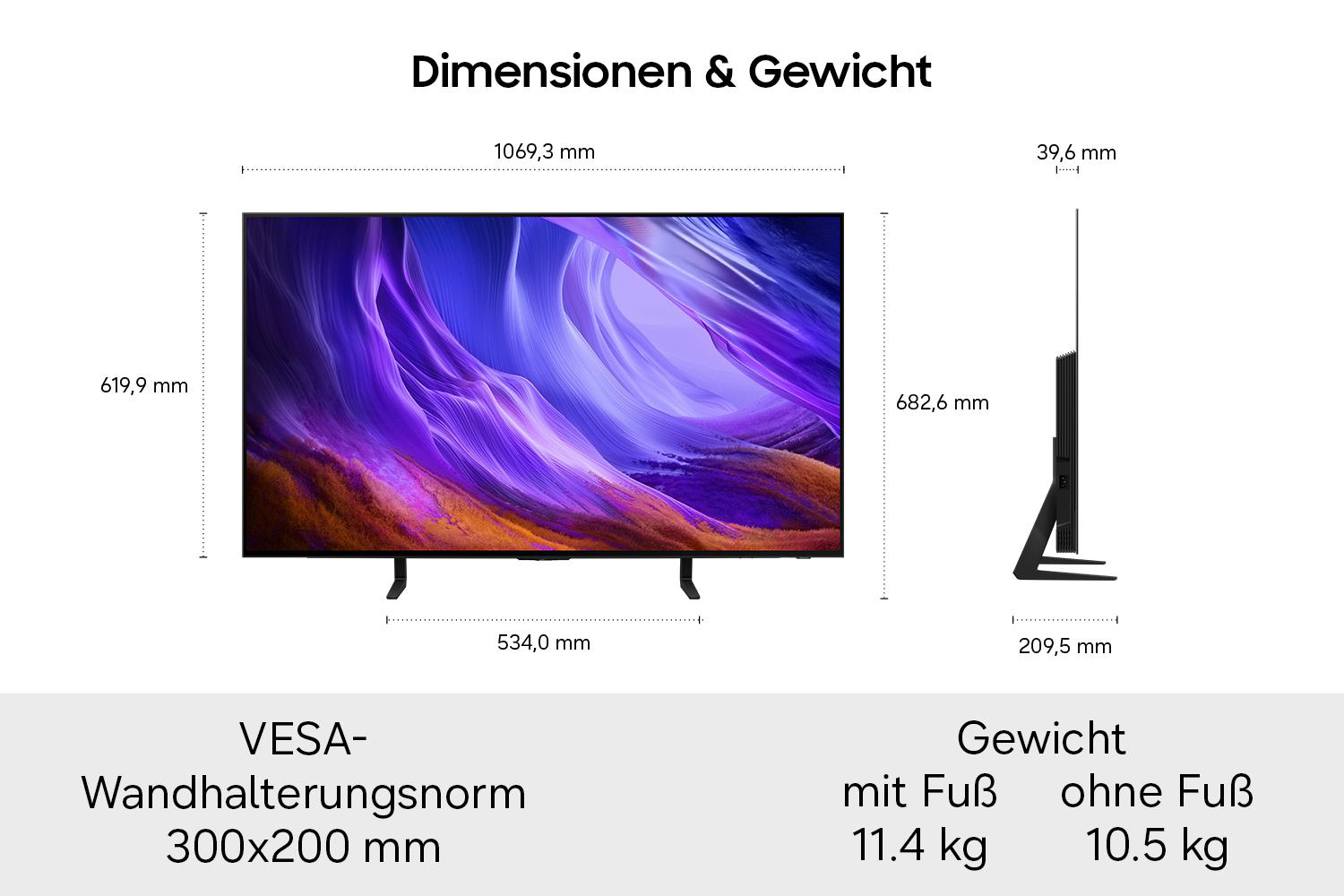 Diagramm zeigt die Abmessungen und das Gewicht eines Fernsehers mit genauen Maßen in Millimetern und Kilogramm.