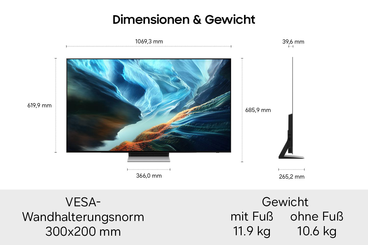 Diagramm zeigt Fernseher-Abmessungen und Gewichtsangaben in Millimetern und Kilogramm.