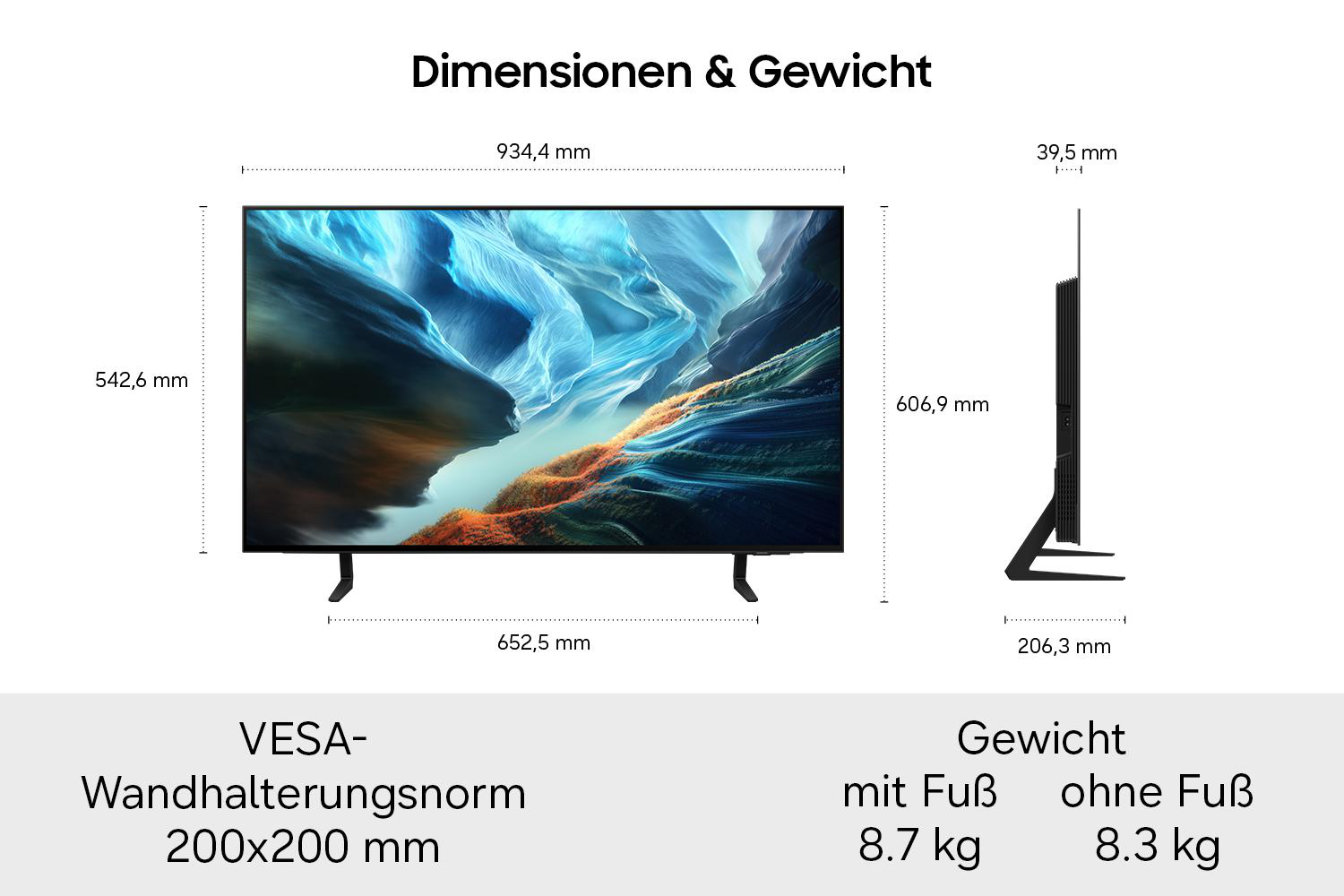 Technische Zeichnung der TV-Dimensionen, VESA-Norm 200x200 mm und Gewichtsangaben mit und ohne Standfuß.