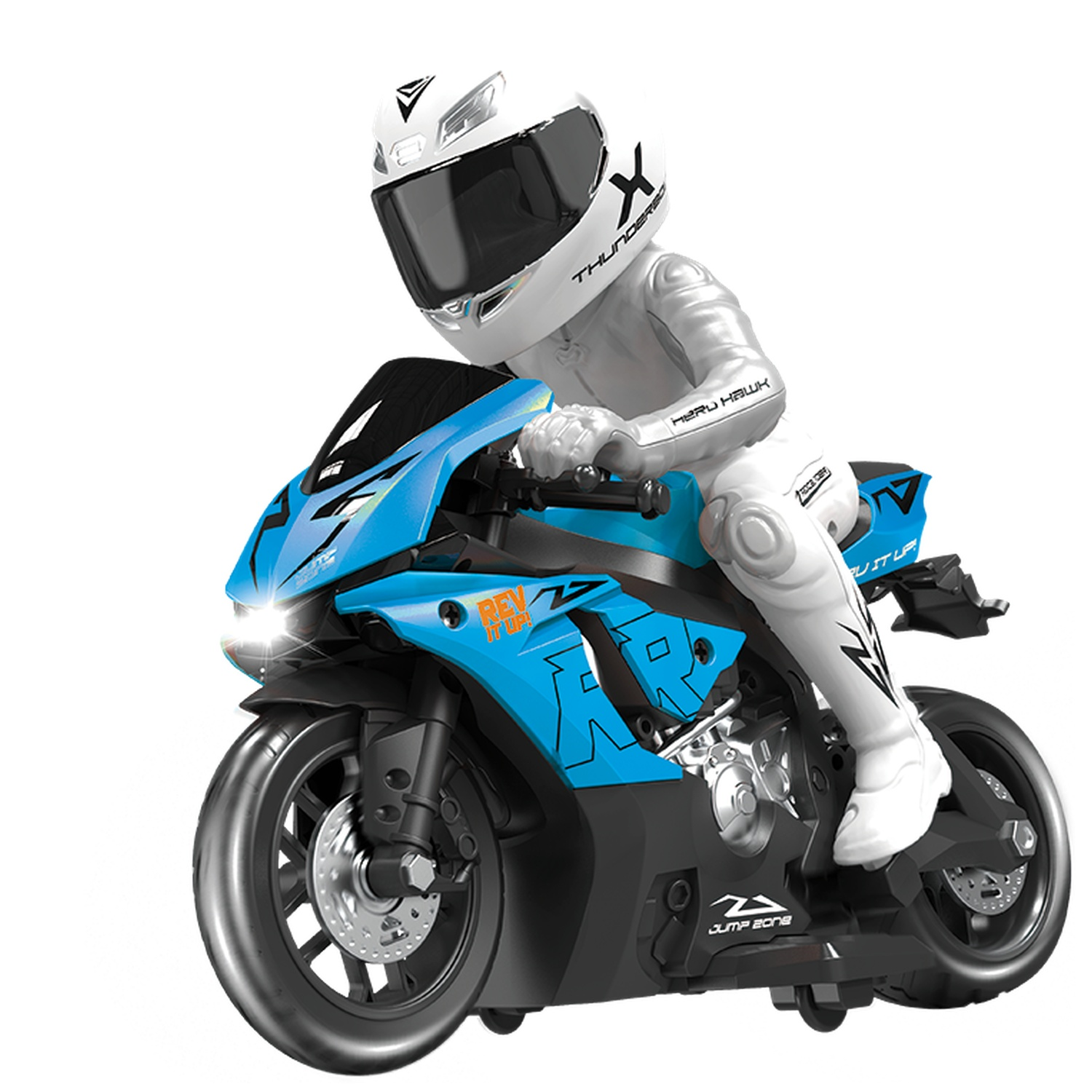 A toy rider in a white suit and helmet rides a bright blue and black motorcycle.