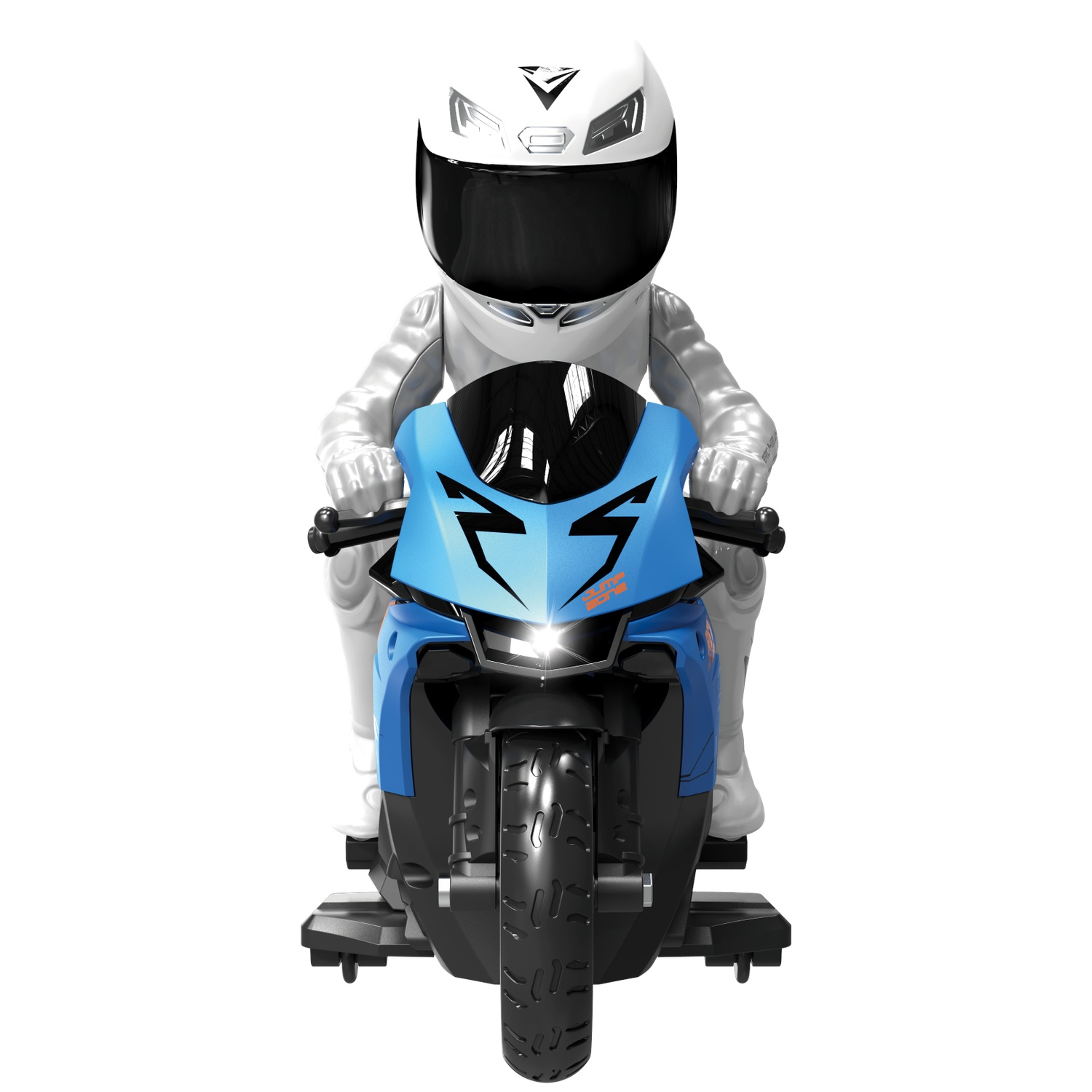 A stylized toy figure wearing a white helmet and suit riding a blue and black toy motorcycle.