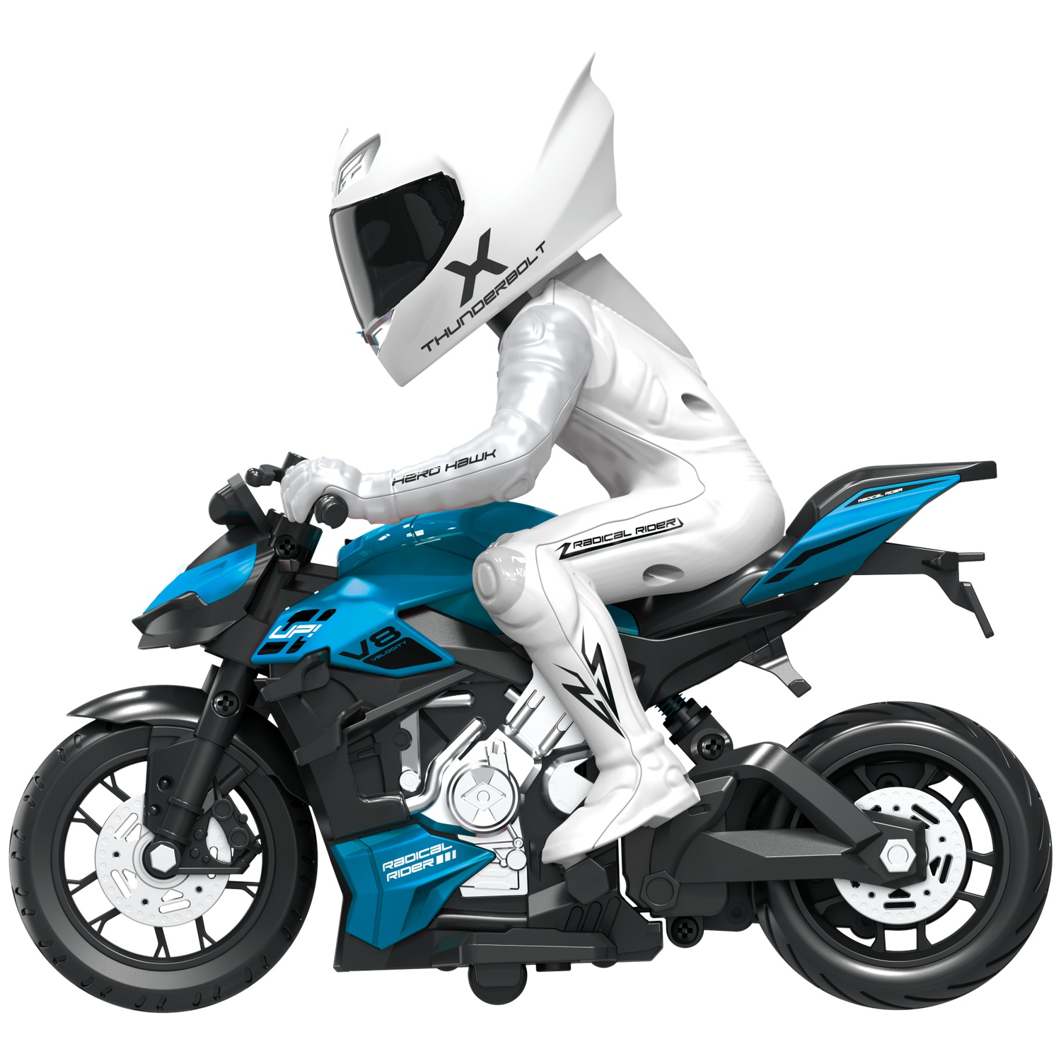 A toy figure in a white racing suit and helmet rides a blue and black toy motorcycle.