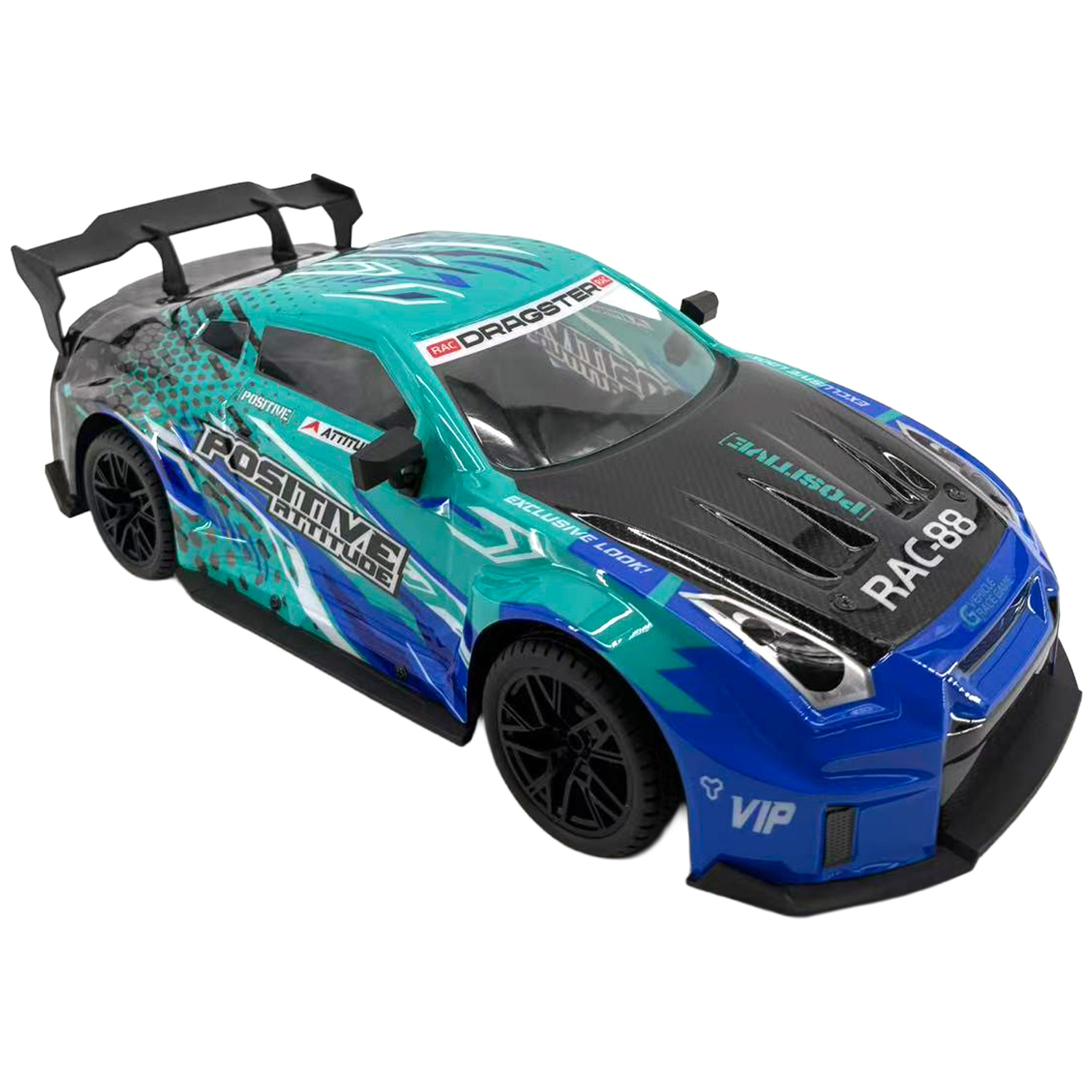 A teal and blue remote-controlled race car with black wheels, a spoiler, and white sponsor decals.