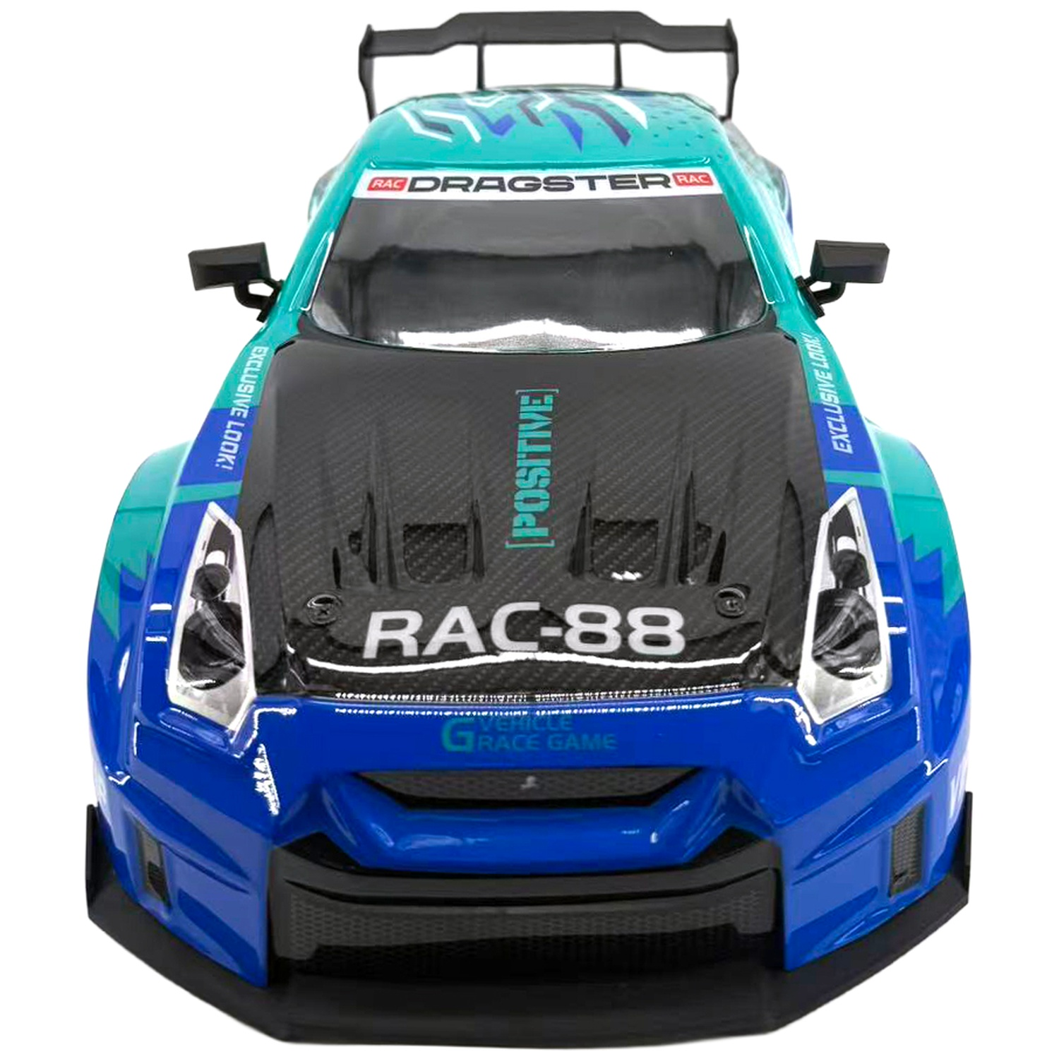 A blue and green remote-controlled dragster car with a carbon fiber hood, viewed from the front against a white background.
