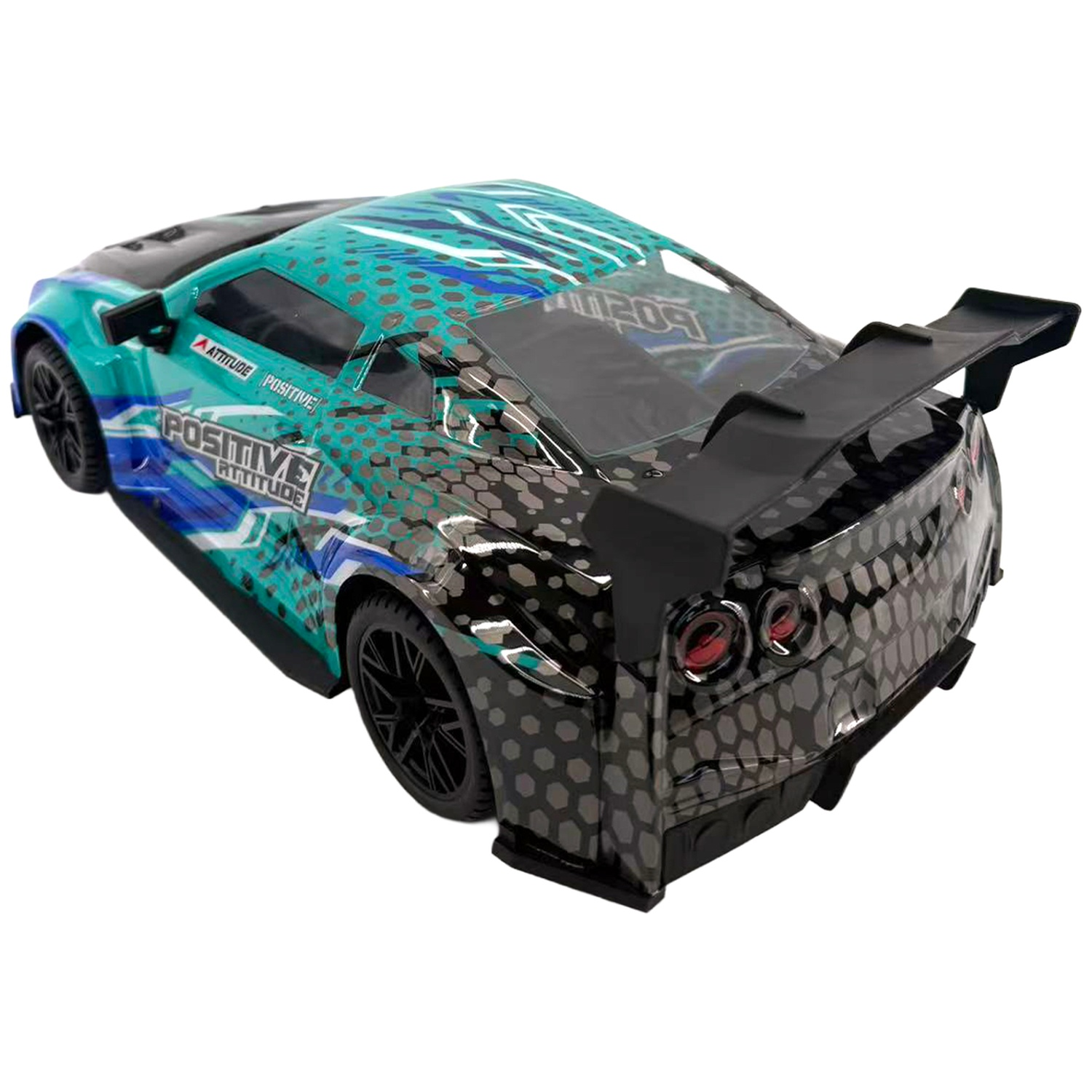 A turquoise and black RC car with honeycomb pattern, rear spoiler, and Positive Attitude text on the side.