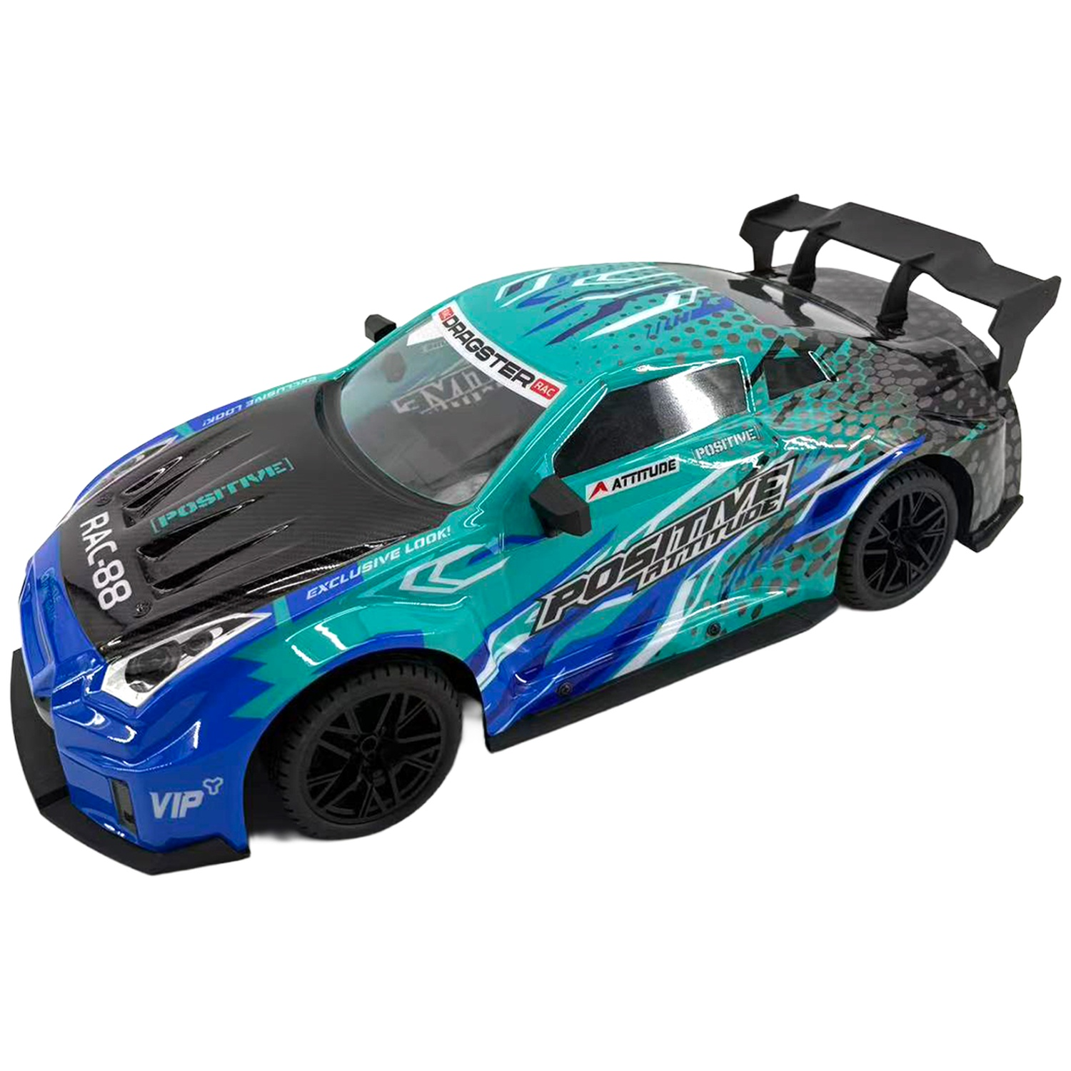 A blue and teal remote control racing car with a black spoiler, carbon hood, and white graphics against a white background.