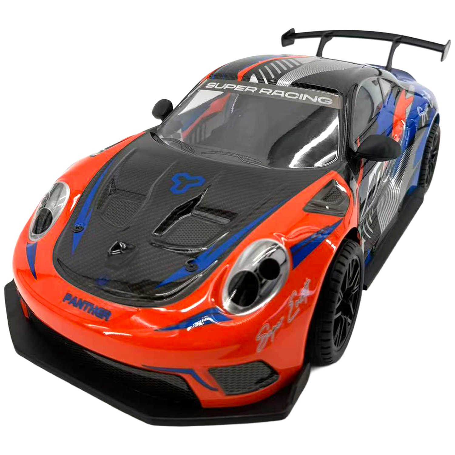 A red, black, and blue RC racing car with a rear wing and sponsor decals, shown on a white background.