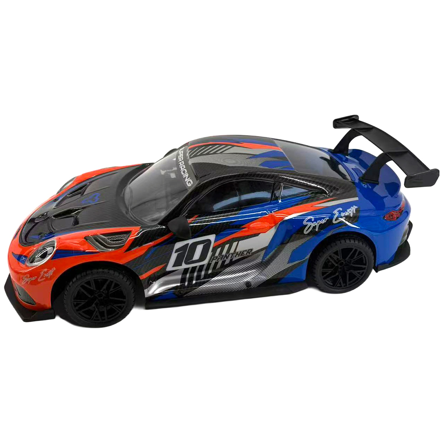 A blue, orange, and black toy racing car with a large rear spoiler and the number ten on its side, on a white background.