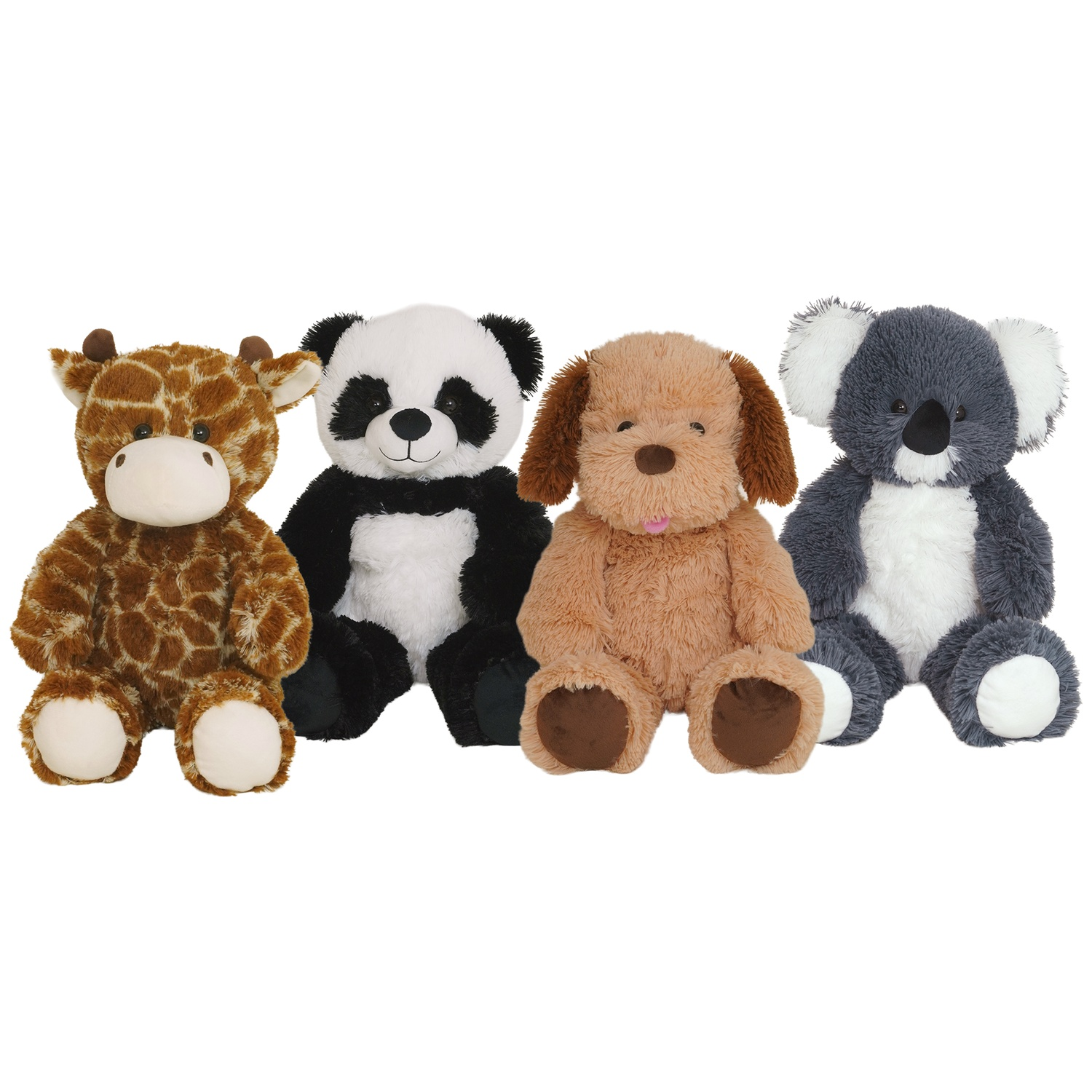 Four plush stuffed animals sit in a row against a white background: a giraffe, a panda, a dog, and a koala.