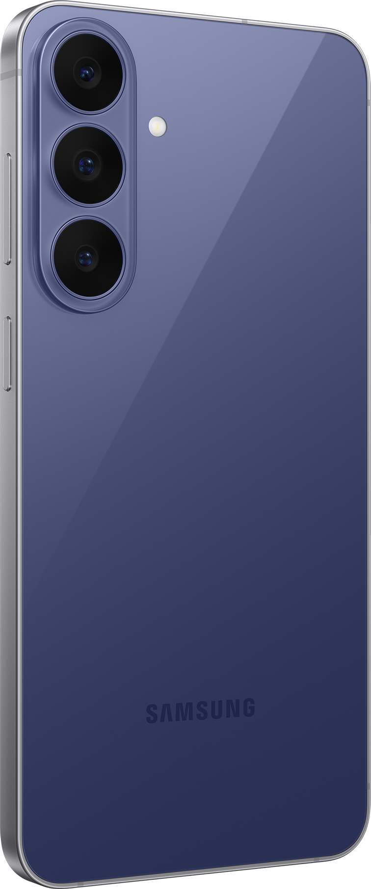 Kék okostelefon hátlapja függőleges hármas kamerával és Samsung logóval.