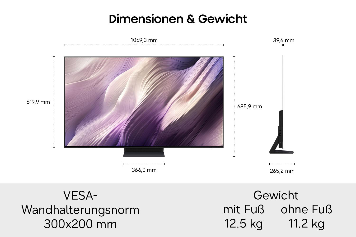 Technische Zeichnung der TV-Dimensionen, VESA-Maße und Gewichtsangaben mit und ohne Standfuß.
