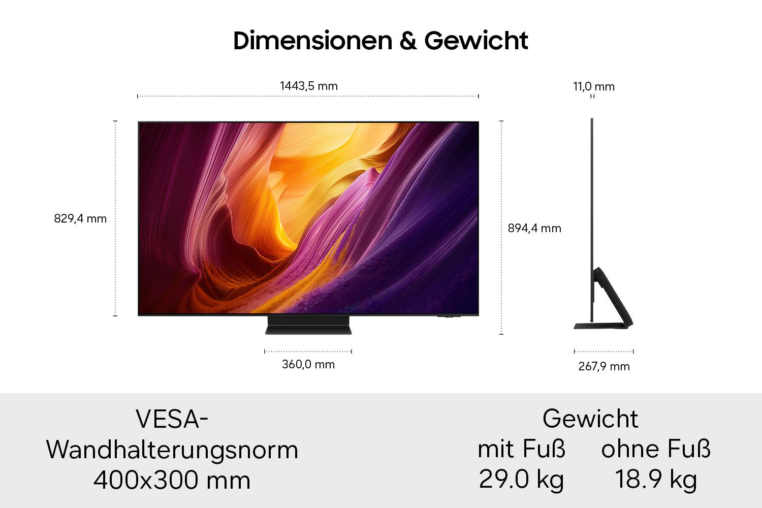 TV-Abmessungen und Gewicht mit und ohne Standfuß, VESA 400x300 mm.