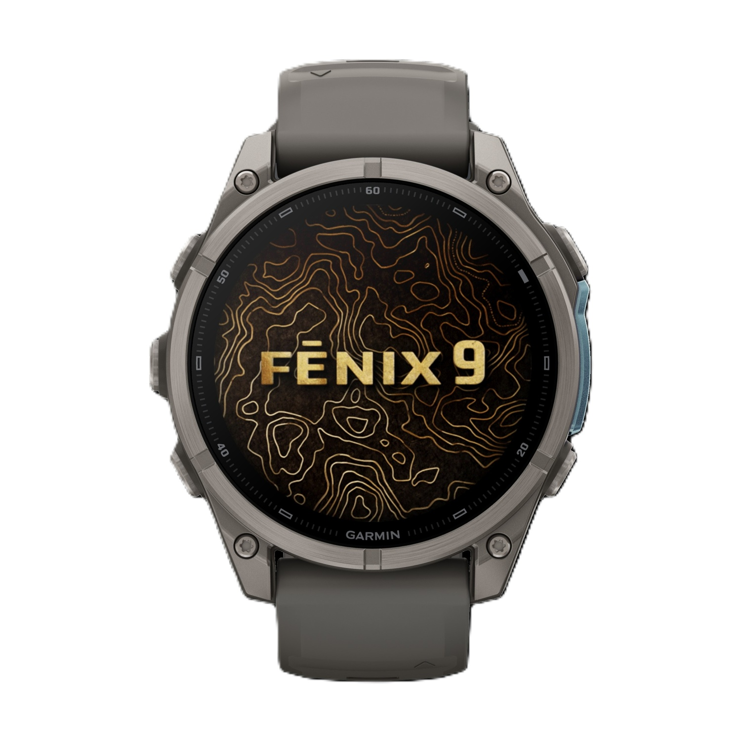Orologio sportivo Garmin Fenix 9 con cassa grigia e cinturino, schermo con linee topografiche.