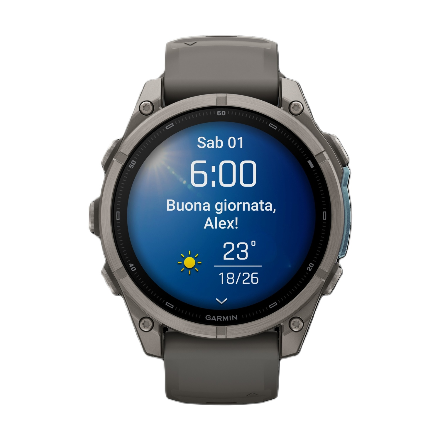 Orologio sportivo Garmin grigio con display blu che mostra l'ora 6:00 e il meteo.