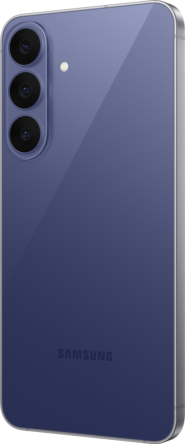 Egy lila Samsung okostelefon hátoldala három függőleges kamerával és a Samsung logóval.