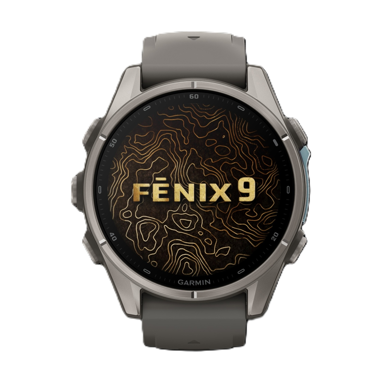 Uno smartwatch Garmin Fenix 9 grigio con sfondo di mappa topografica e testo dorato.