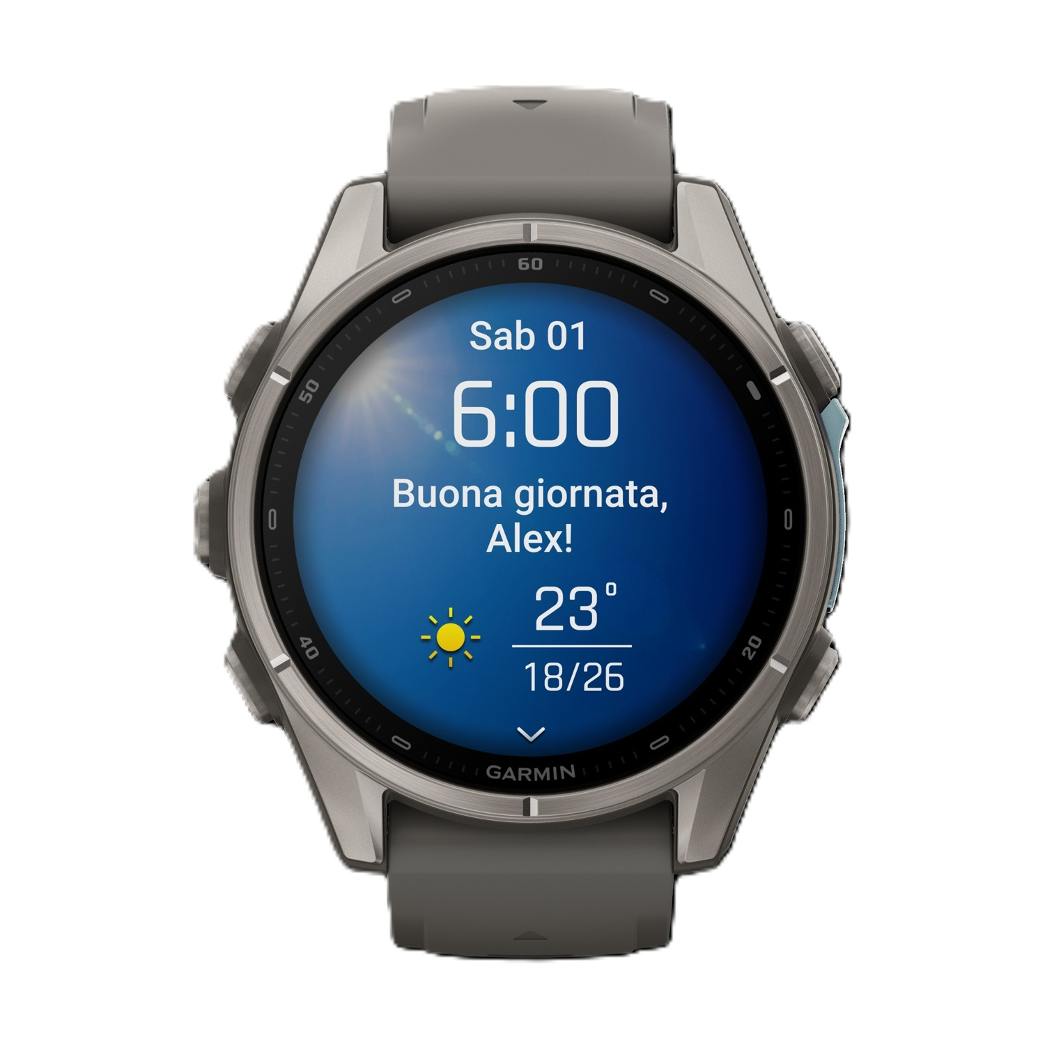 Uno smartwatch Garmin mostra uno schermo blu con l'ora 6:00, data, saluto e meteo di 23 gradi.