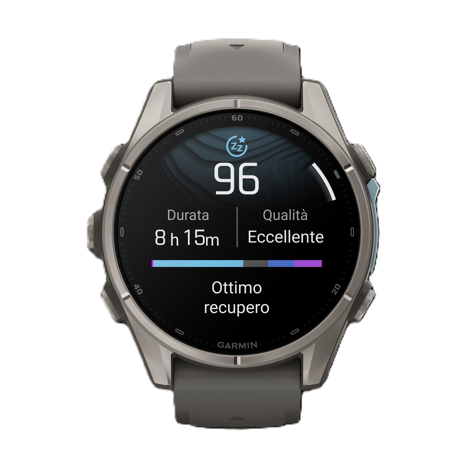 Smartwatch Garmin grigio con punteggio del sonno di 96, durata 8h 15m, qualità eccellente e ottimo recupero.