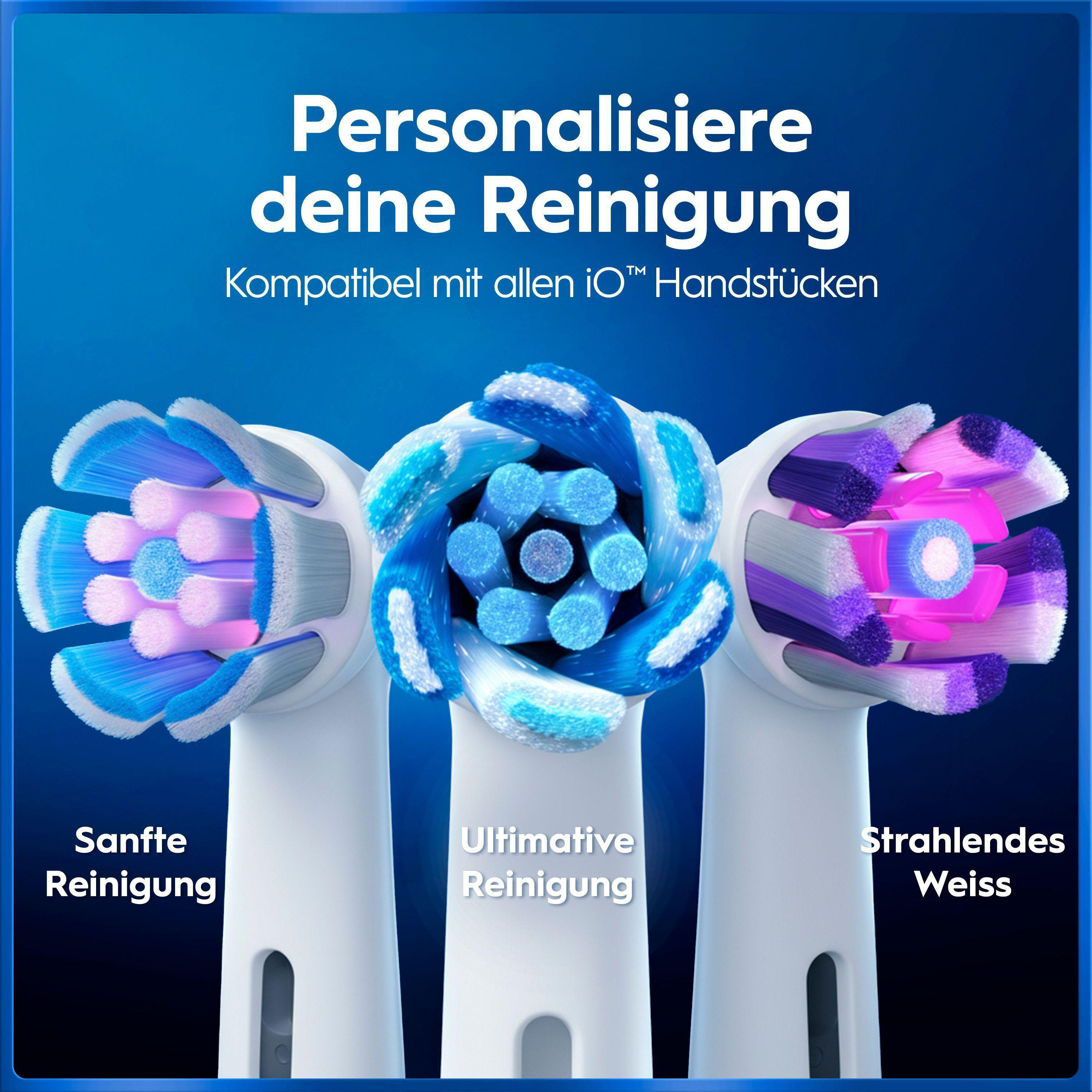 Drei verschiedene Zahnbürstenköpfe in Blau, Weiß und Lila vor blauem Hintergrund mit deutschem Text.