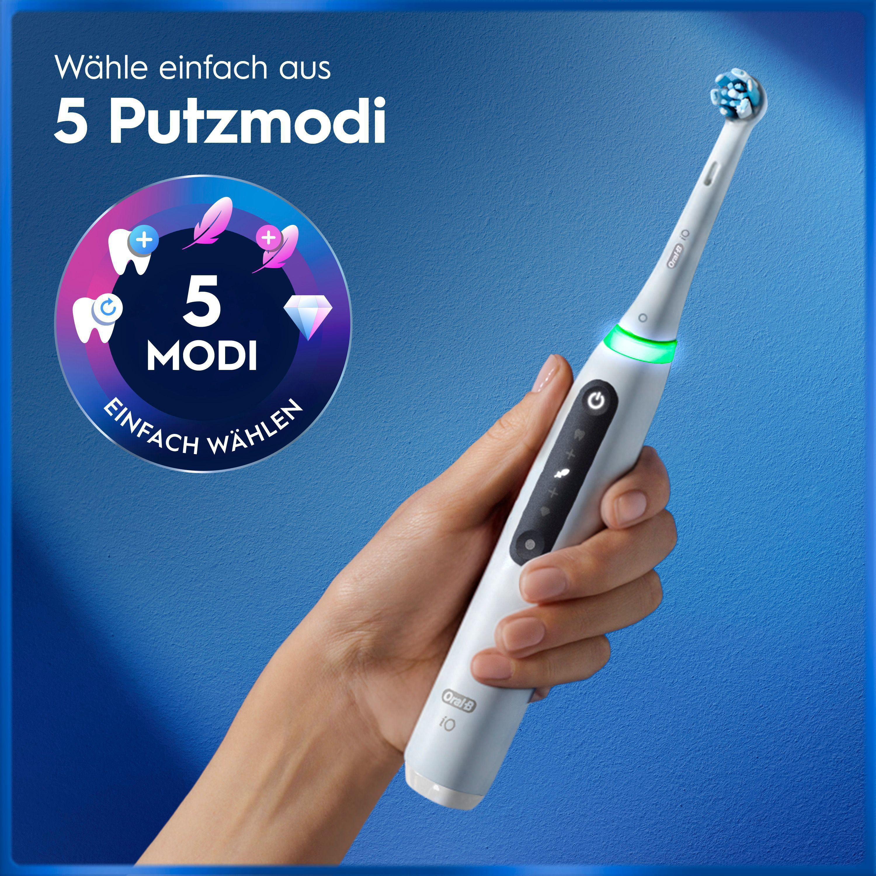 Eine Hand hält eine weiße Oral-B elektrische Zahnbürste vor blauem Hintergrund mit Werbetext.