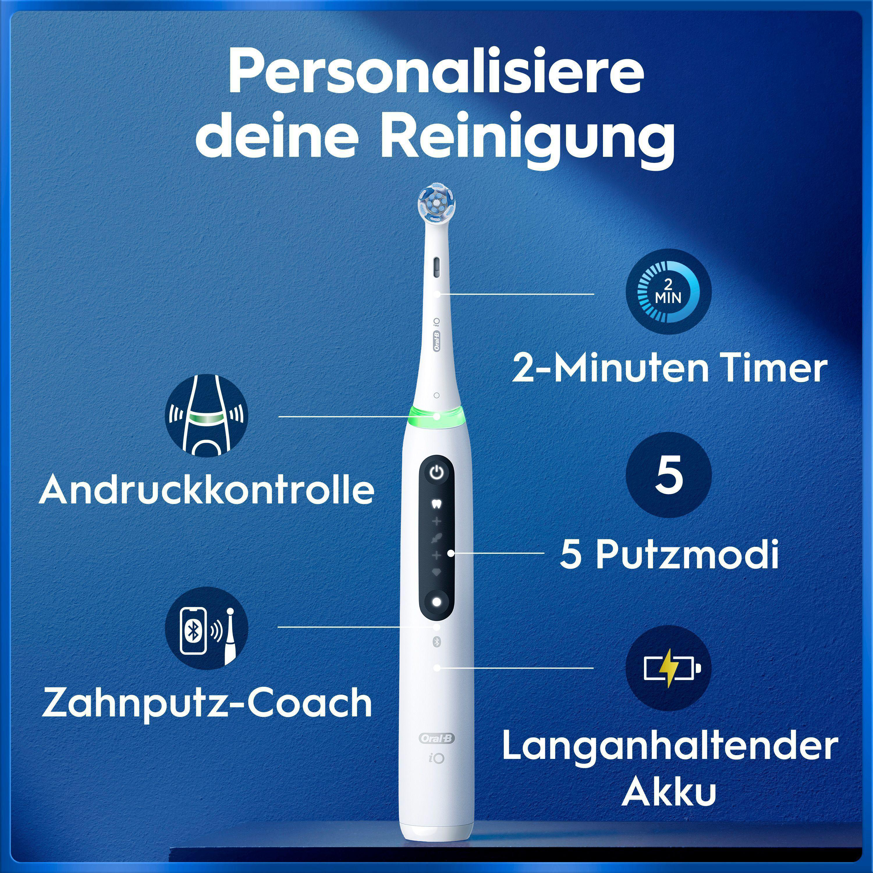 Weiße Oral-B iO elektrische Zahnbürste auf blauem Hintergrund mit erklärenden Infografiken zu den Produktfeatures.