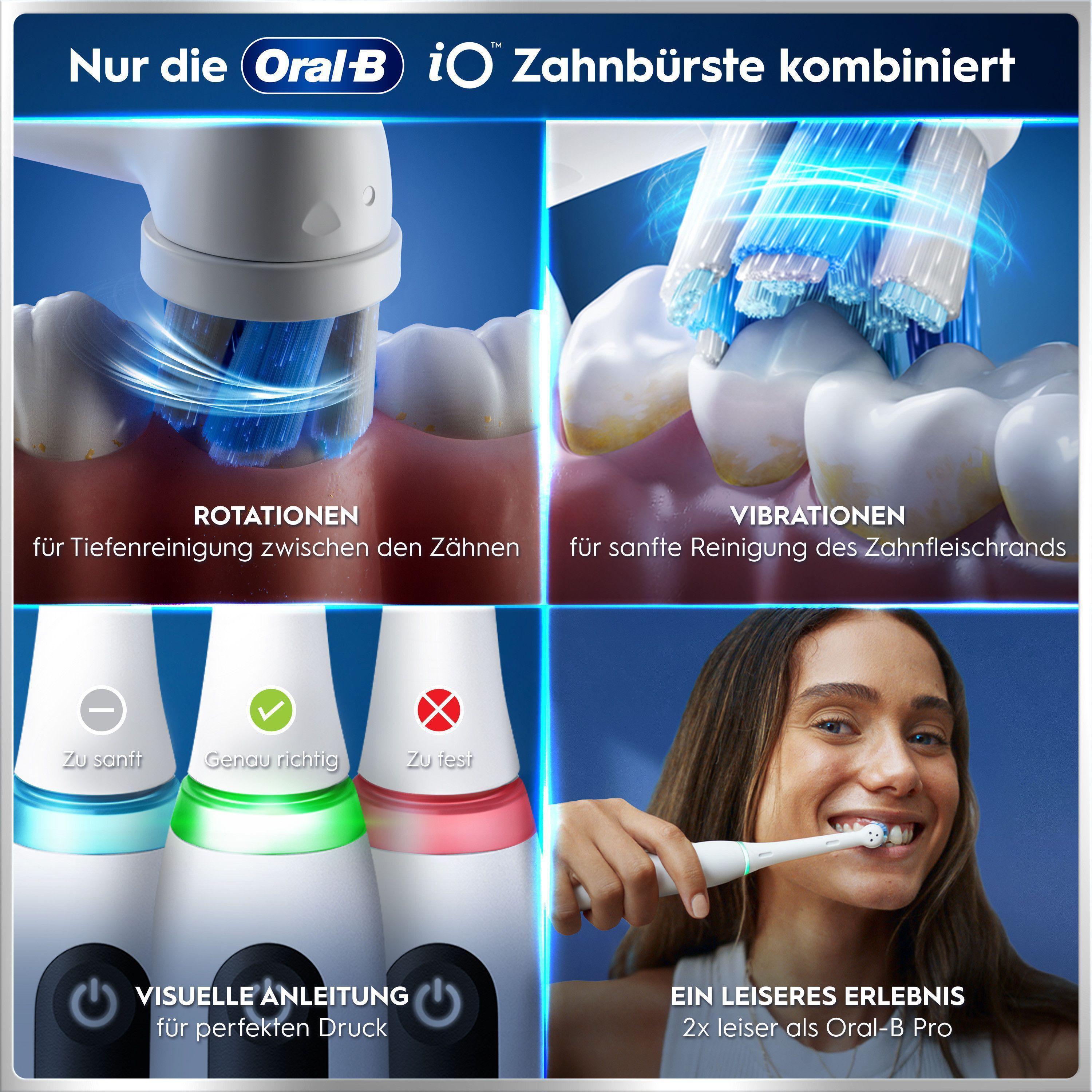 Ein informatives Bild mit Oral-B iO Zahnbürstenfunktionen, Rotation, Vibration, Drucksensor und Anwenderin.