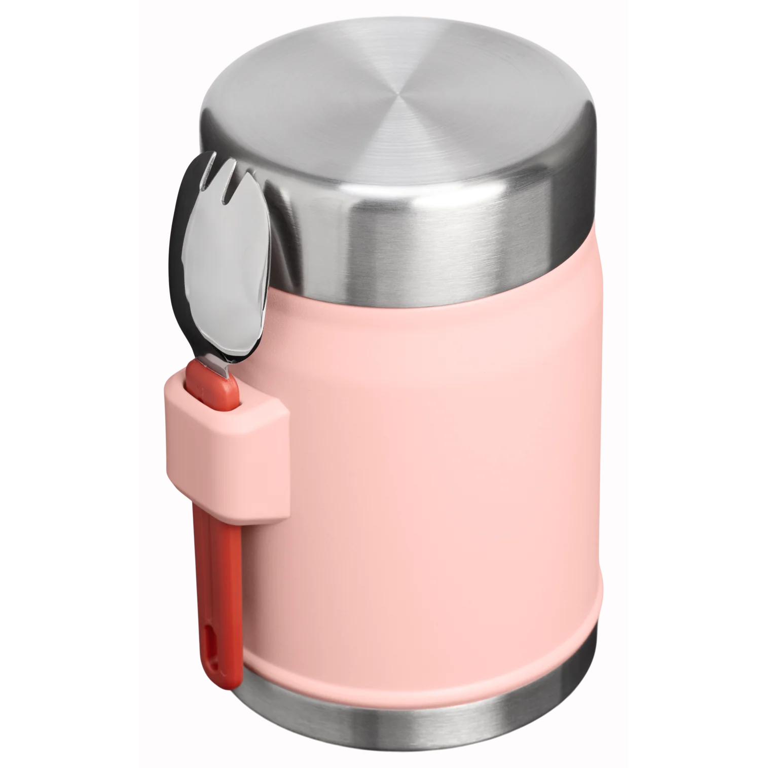 Gümüş kapaklı ve yandaki tutucuda kırmızı çatal-kaşığı olan pastel pembe paslanmaz çelik yemek termos.