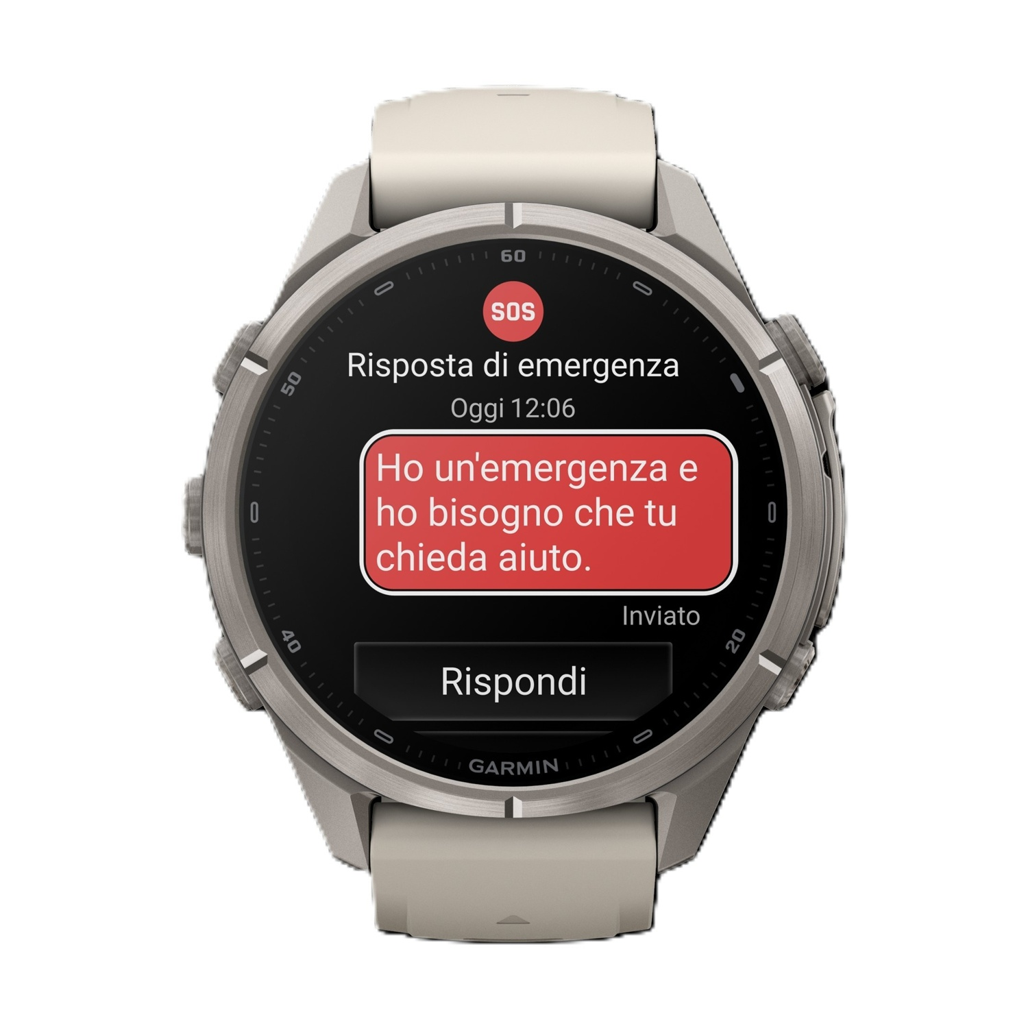 Smartwatch che mostra un messaggio di emergenza in italiano e un'icona SOS sullo schermo.