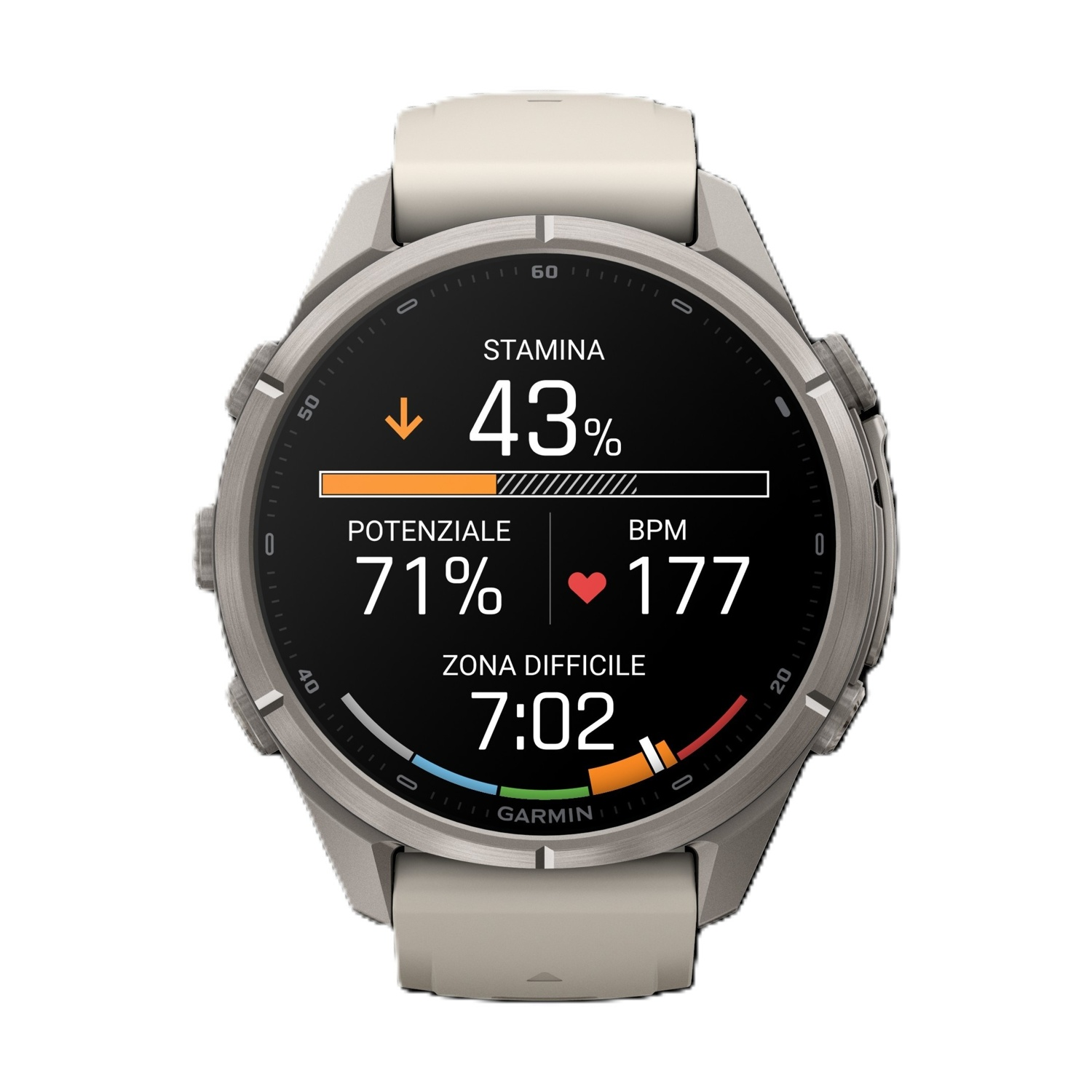 Orologio sportivo Garmin grigio con display nero che mostra statistiche come 43% di stamina, 71% di potenziale e 177 BPM.