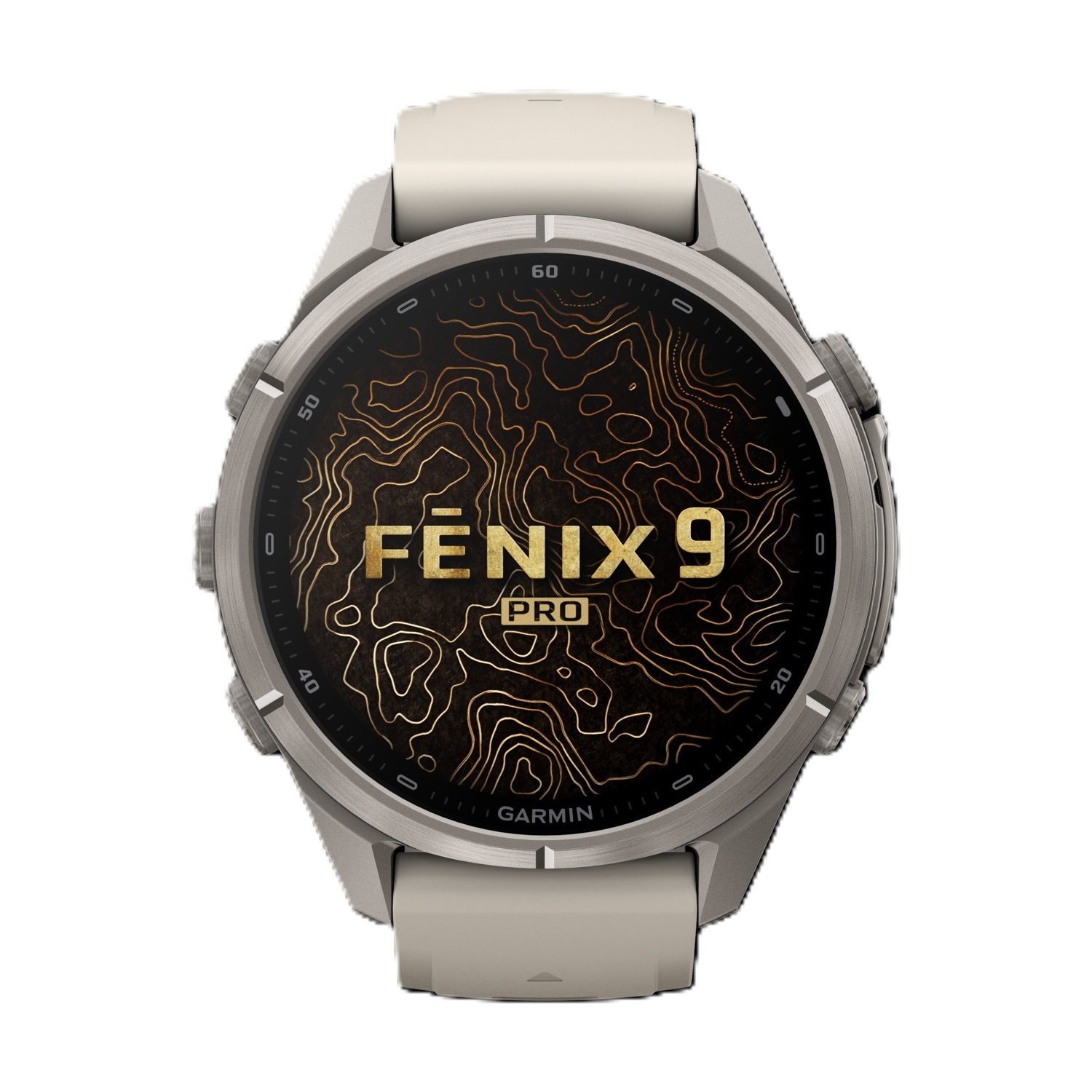Uno smartwatch Garmin Fenix 9 Pro grigio con quadrante topografico dorato su sfondo bianco.