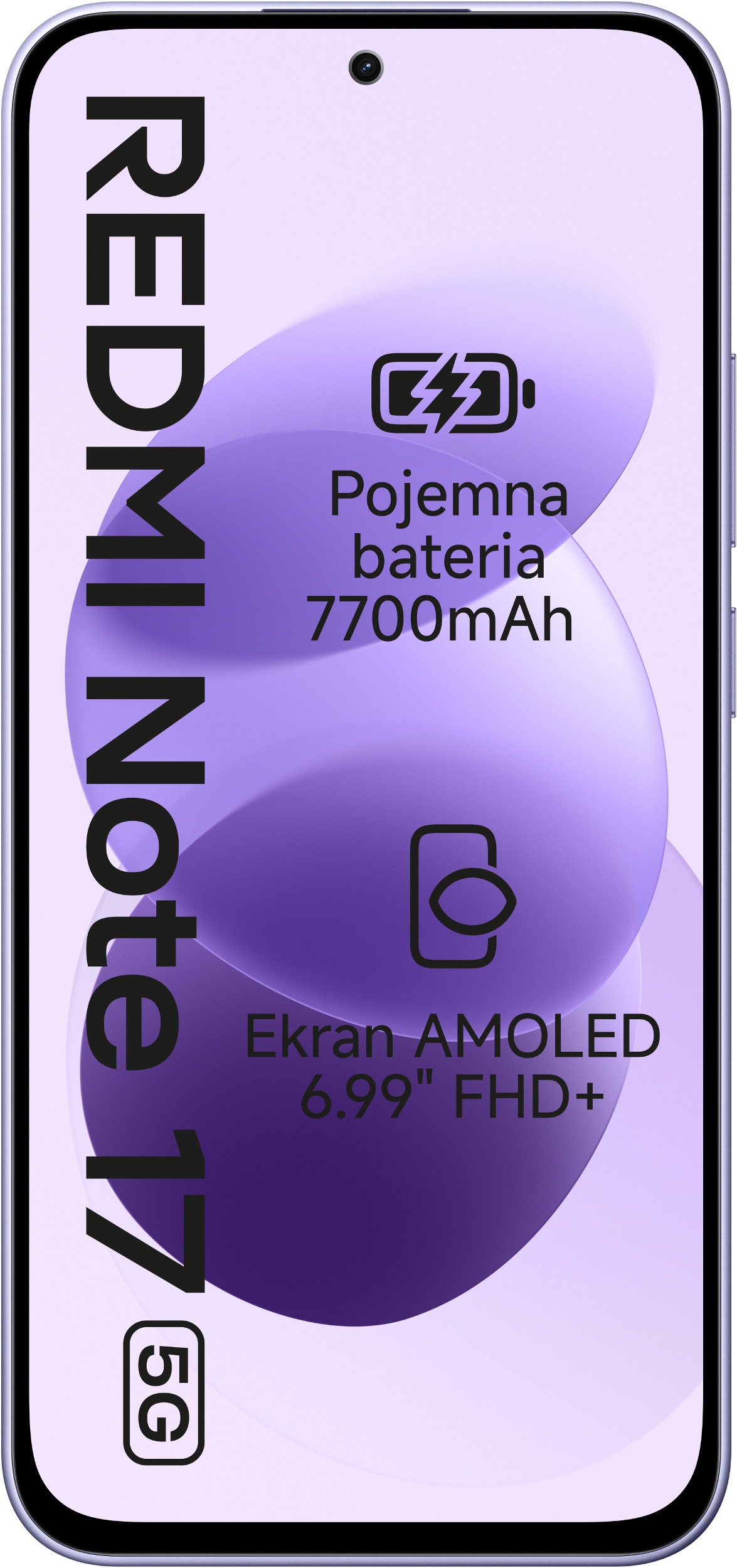 Ekran smartfona z napisem Redmi Note 17 5G, baterią 7700mAh i wyświetlaczem AMOLED.