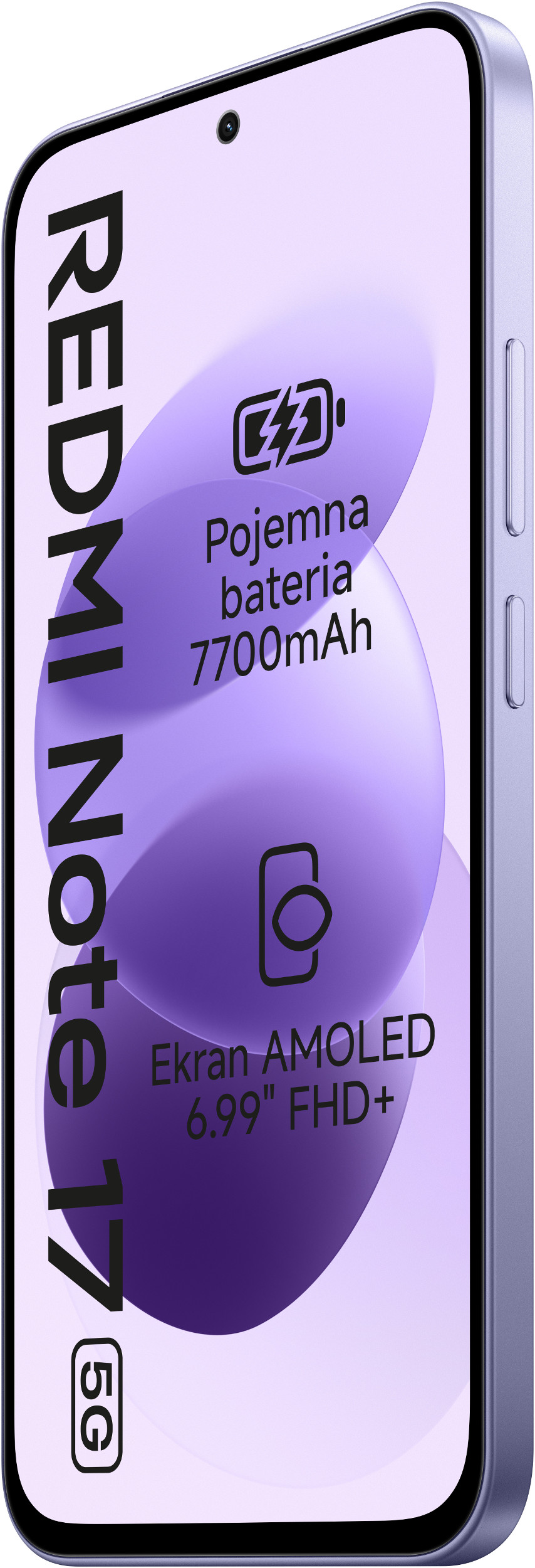 Fioletowy smartfon Redmi Note 17 5G z tekstem i ikonami na ekranie.