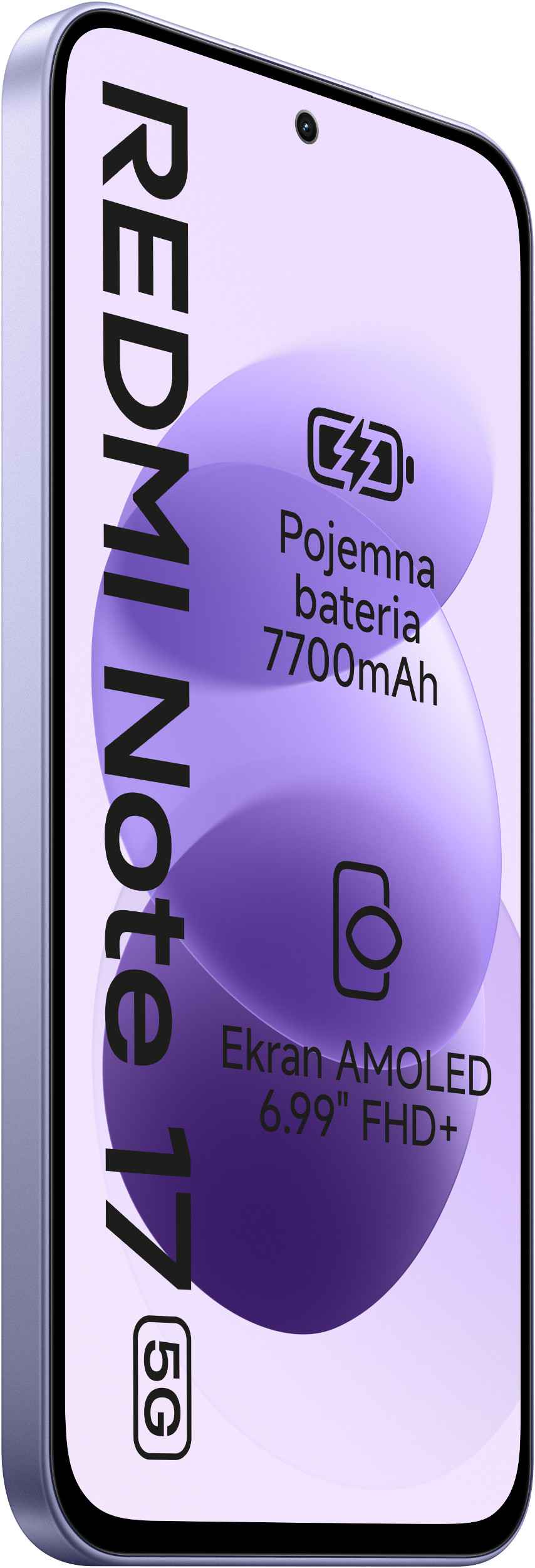 Smartfon Redmi Note 17 5G wyswietlajacy specyfikacje na jasnofioletowym ekranie.