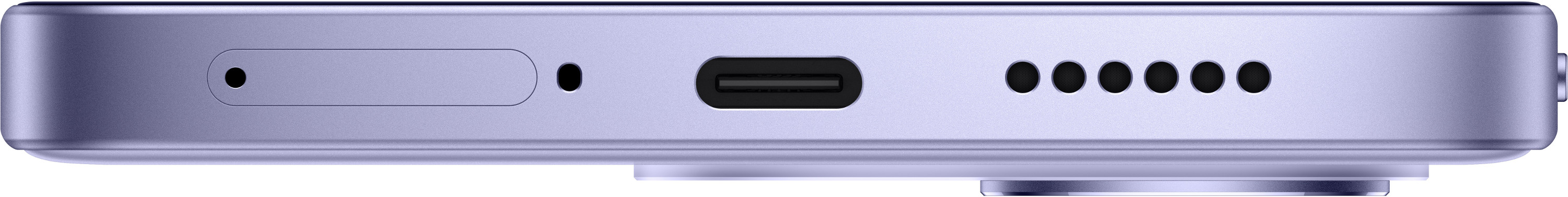 Dolny widok fioletowego smartfona z tacką SIM, portem USB-C i głośnikiem.