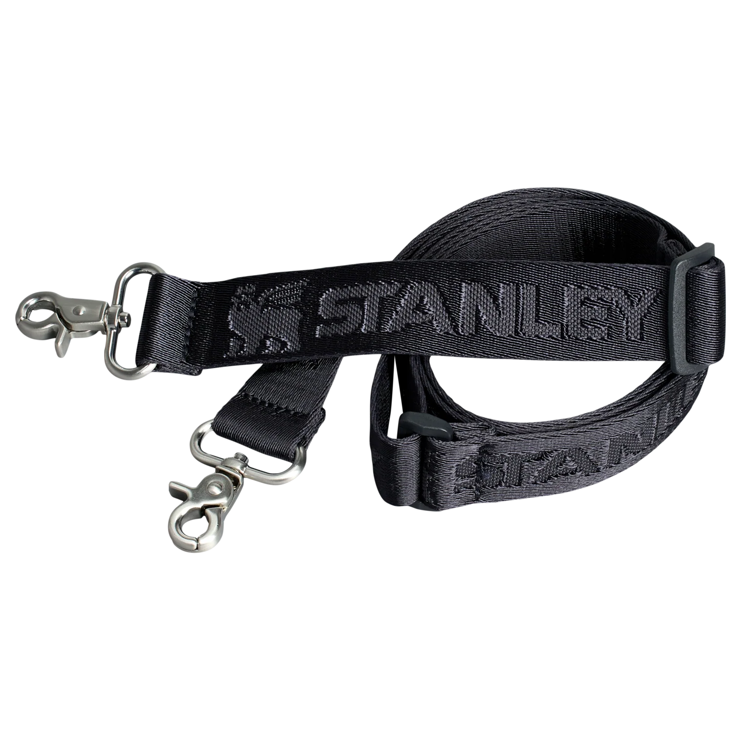 Siyah arka planda gümüş karabinalı siyah bir Stanley kayışı.