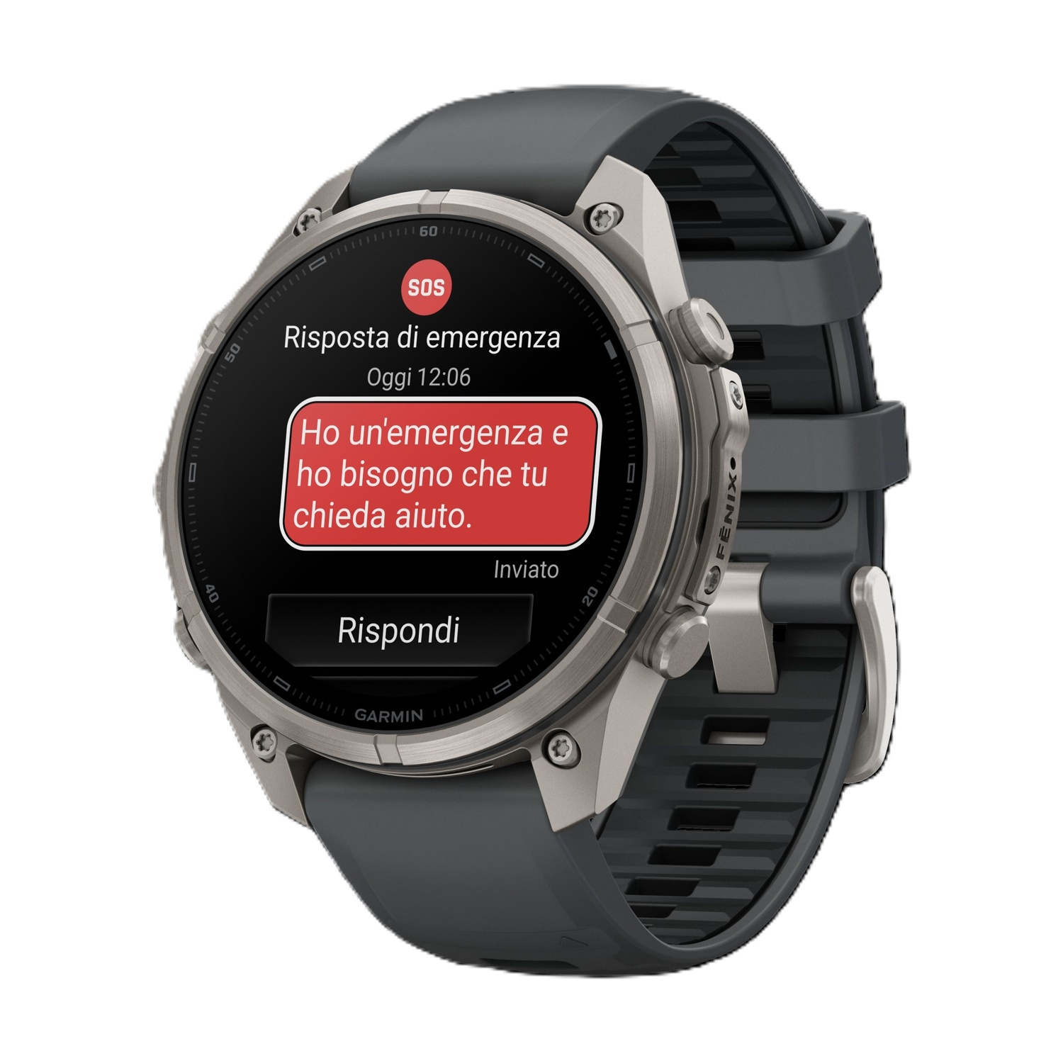 Uno smartwatch con messaggio di emergenza SOS sullo schermo, cassa grigia e cinturino in gomma su sfondo bianco.