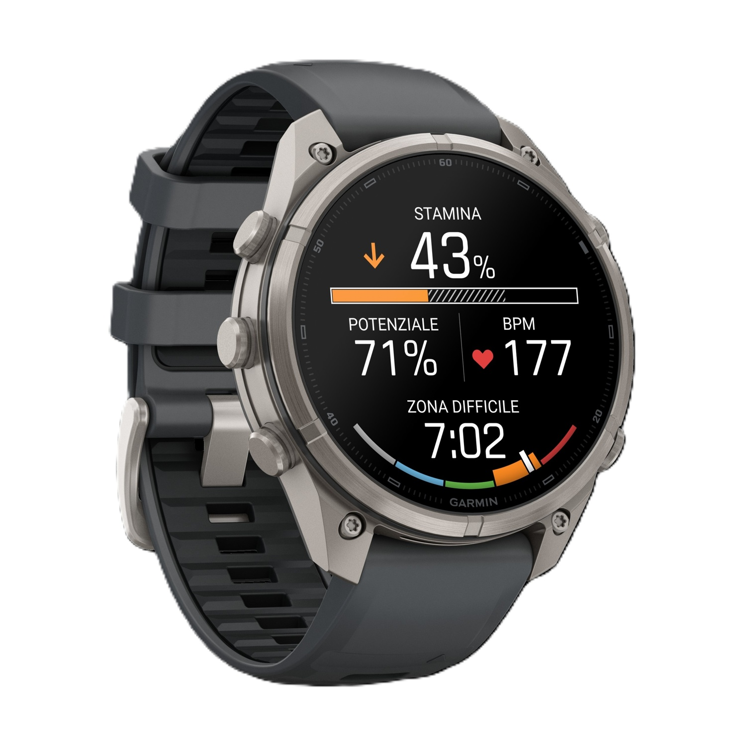 Orologio sportivo Garmin con cassa grigia, cinturino grigio scuro e display che mostra stamina e frequenza cardiaca.