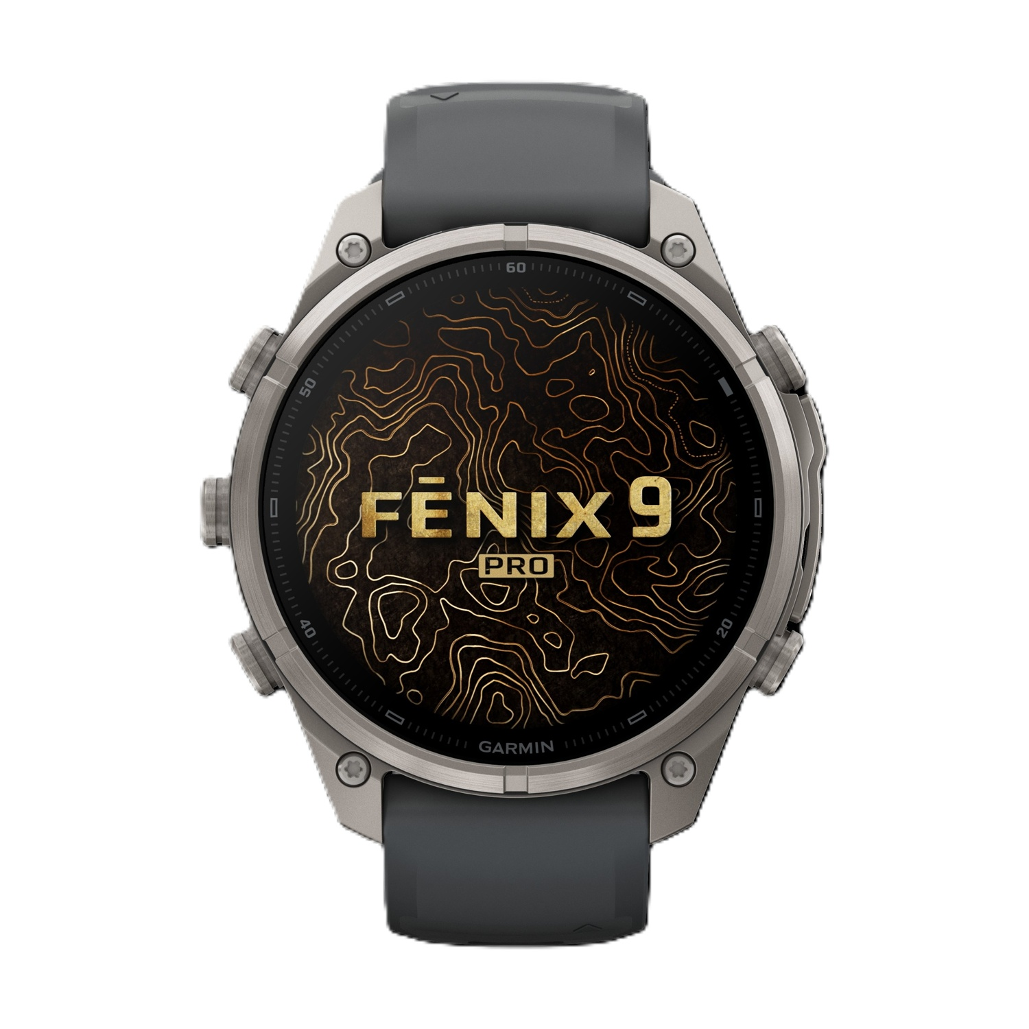 Uno smartwatch grigio Garmin Fenix 9 Pro con cinturino nero e quadrante topografico su sfondo bianco.