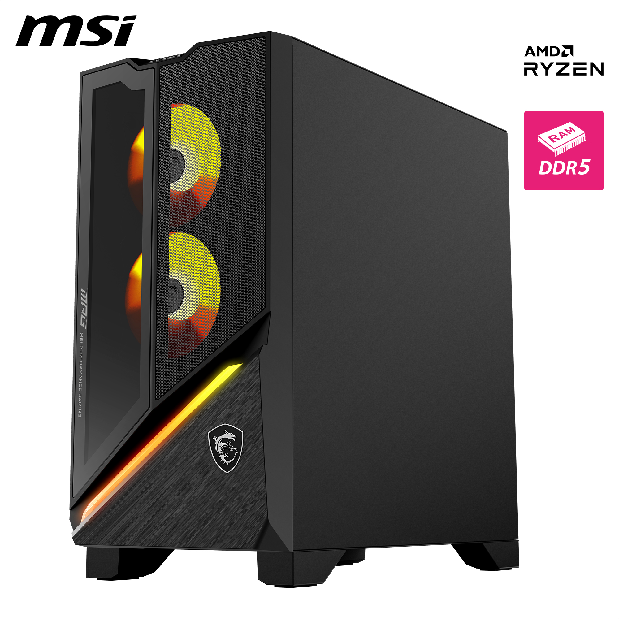 Schwarzer MSI-Gaming-PC mit gelb leuchtenden Lüftern, AMD Ryzen Logo und DDR5-RAM-Symbol.