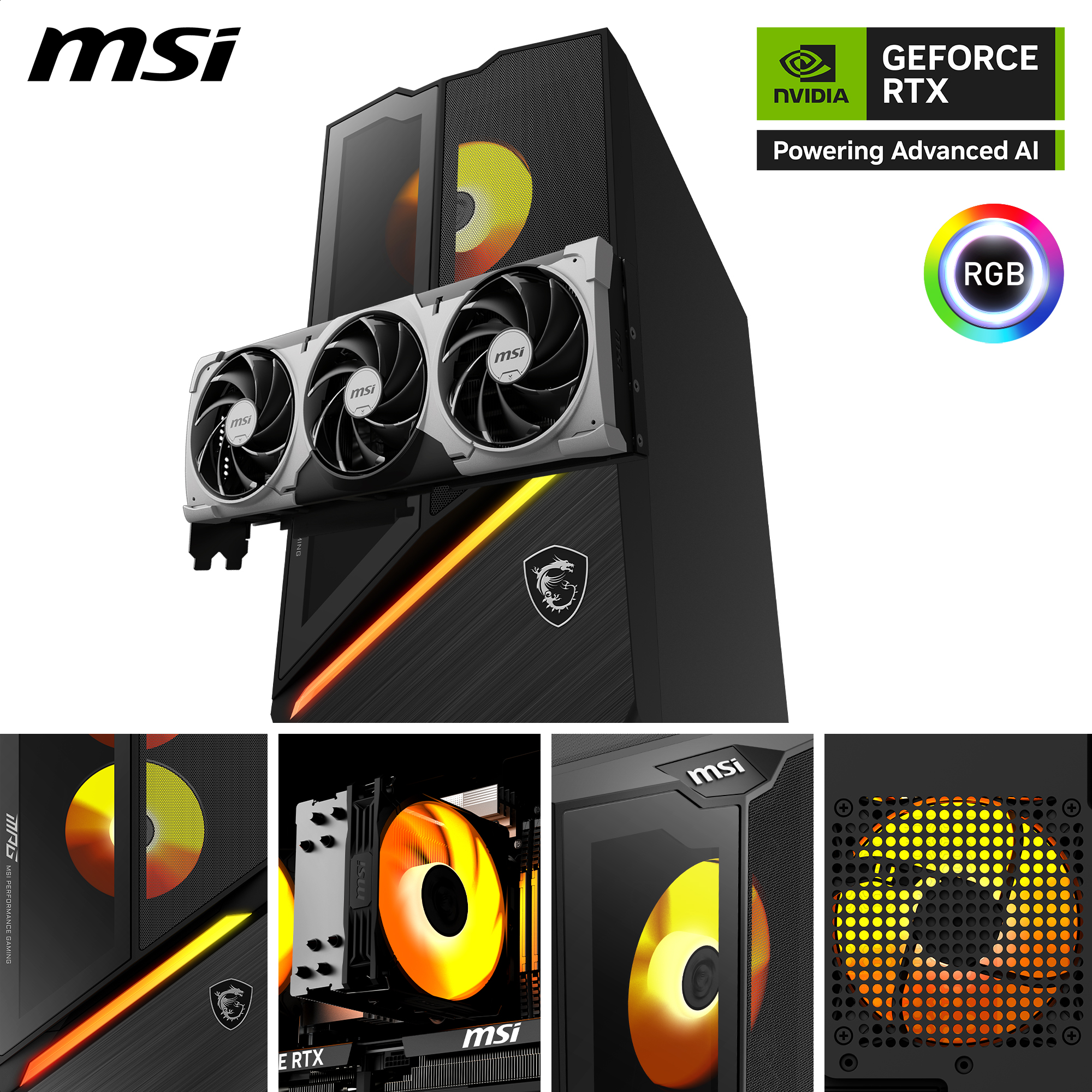 MSI Gaming-PC mit beleuchteter Grafikkarte, RGB-Lüftern und Nvidia GeForce RTX Logo.