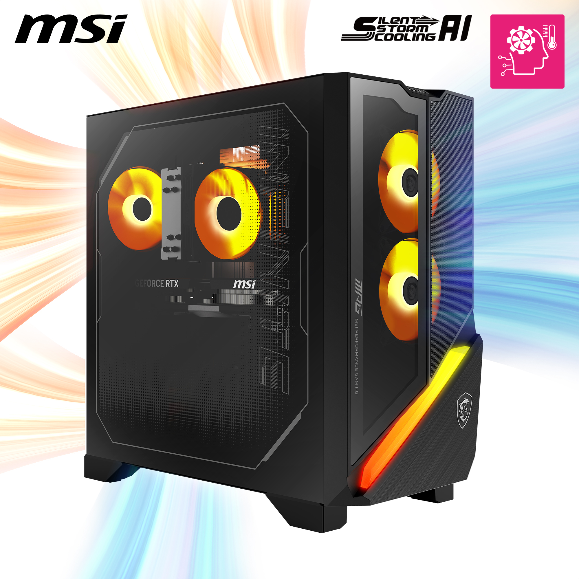 MSI Gaming-PC mit beleuchteten Lüftern, Glasseitenteil und orangen und blauen Lichteffekten im Hintergrund.