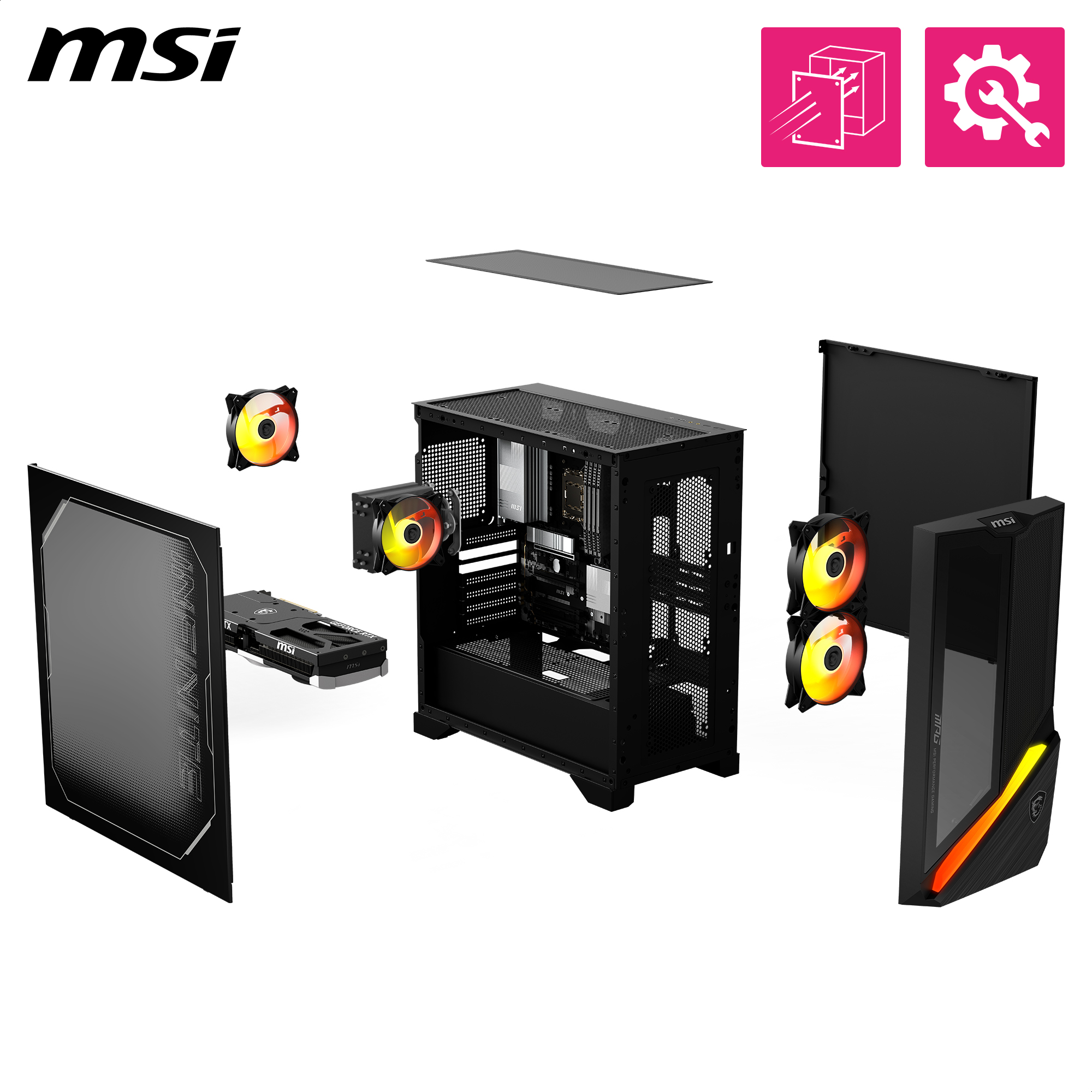 Explosionszeichnung eines MSI-PC-Gehäuses mit Komponenten, Lüftern und abnehmbaren Seitenteilen auf weißem Hintergrund.