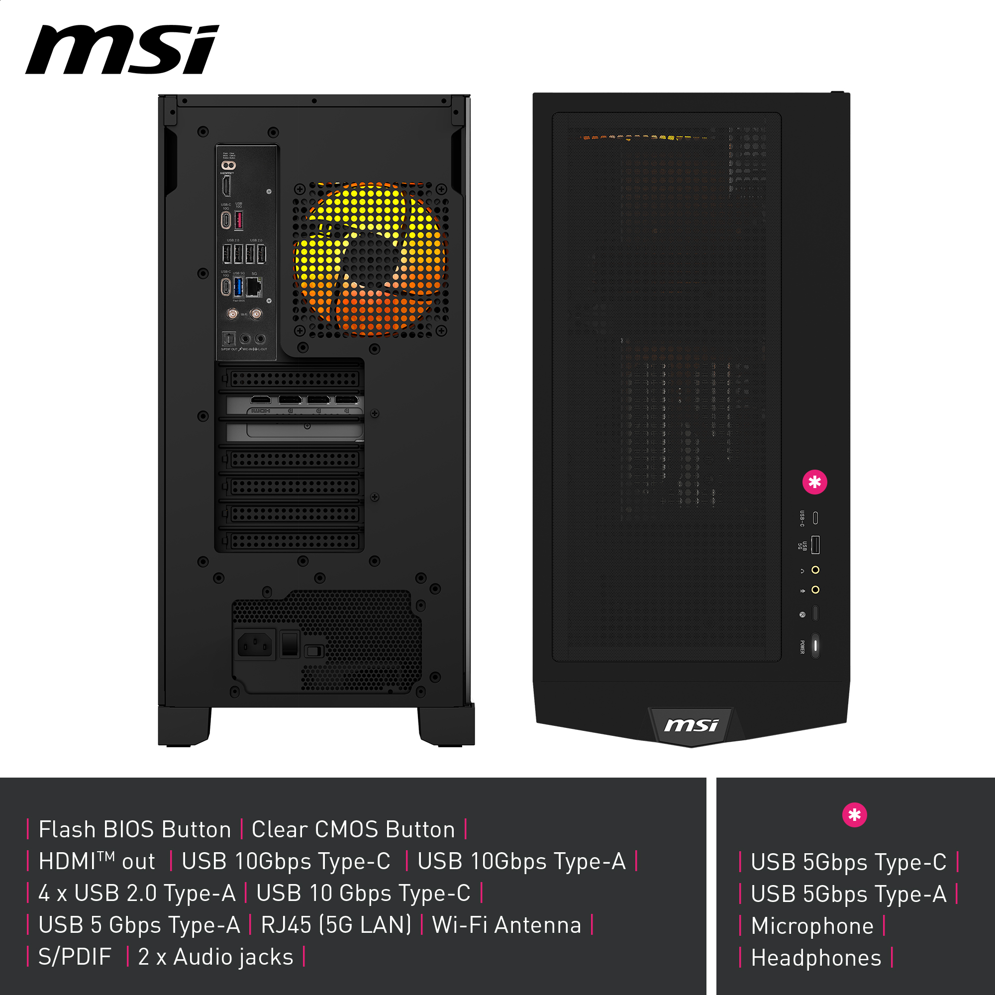 MSI PC-Gehäuse Front- und Rückansicht mit I/O-Anschlüssen und gelb hinterleuchtetem Lüfter.