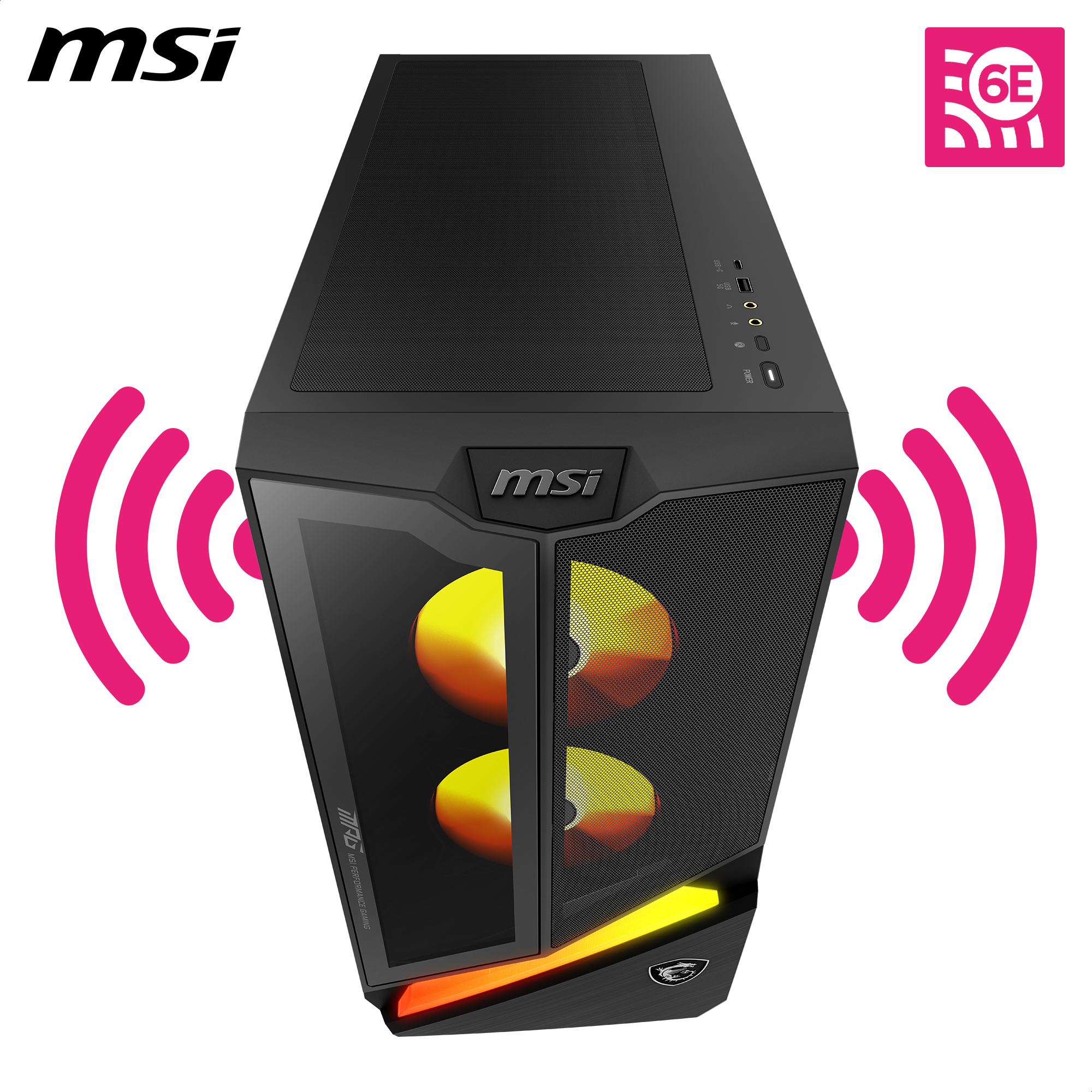 MSI Gaming-PC-Gehäuse mit leuchtenden gelben Lüftern, Wi-Fi 6E-Symbol und rosa Funksignalen auf weißem Hintergrund.