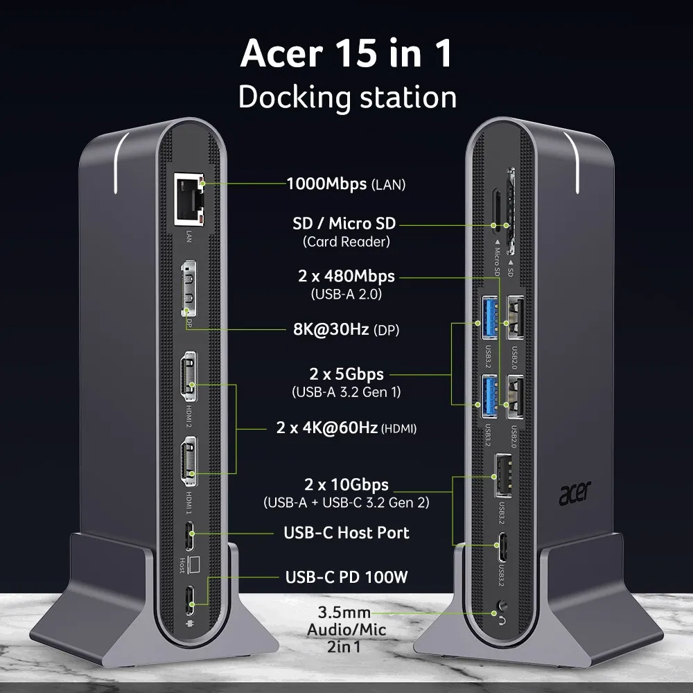 Station d'accueil Acer 15 en 1 avec ports LAN, USB, HDMI et audio.