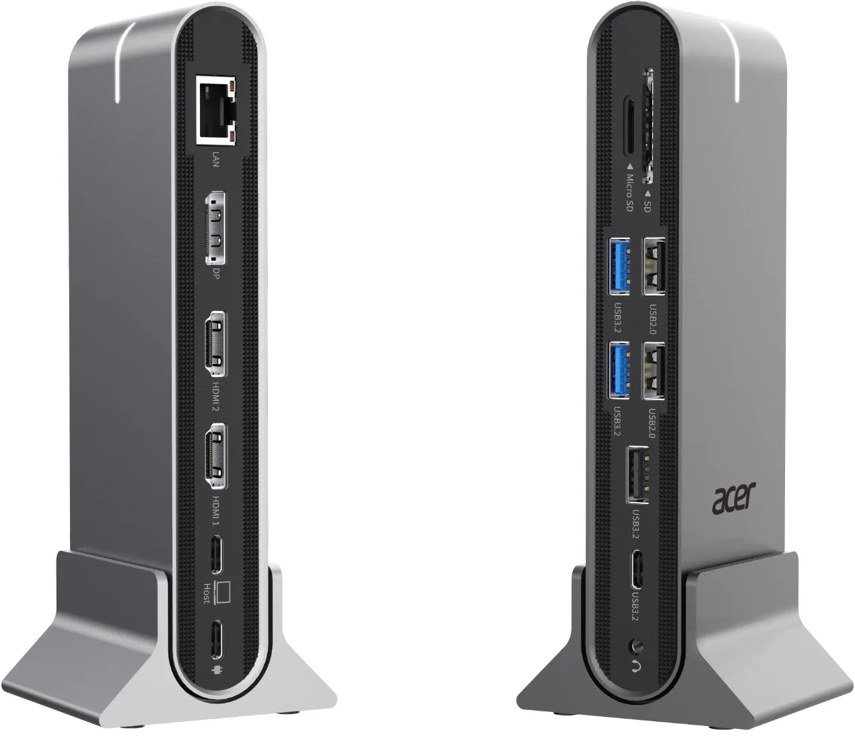 Deux vues d'une station d'accueil Acer argentée avec divers ports tels que USB, HDMI, LAN et des fentes SD.